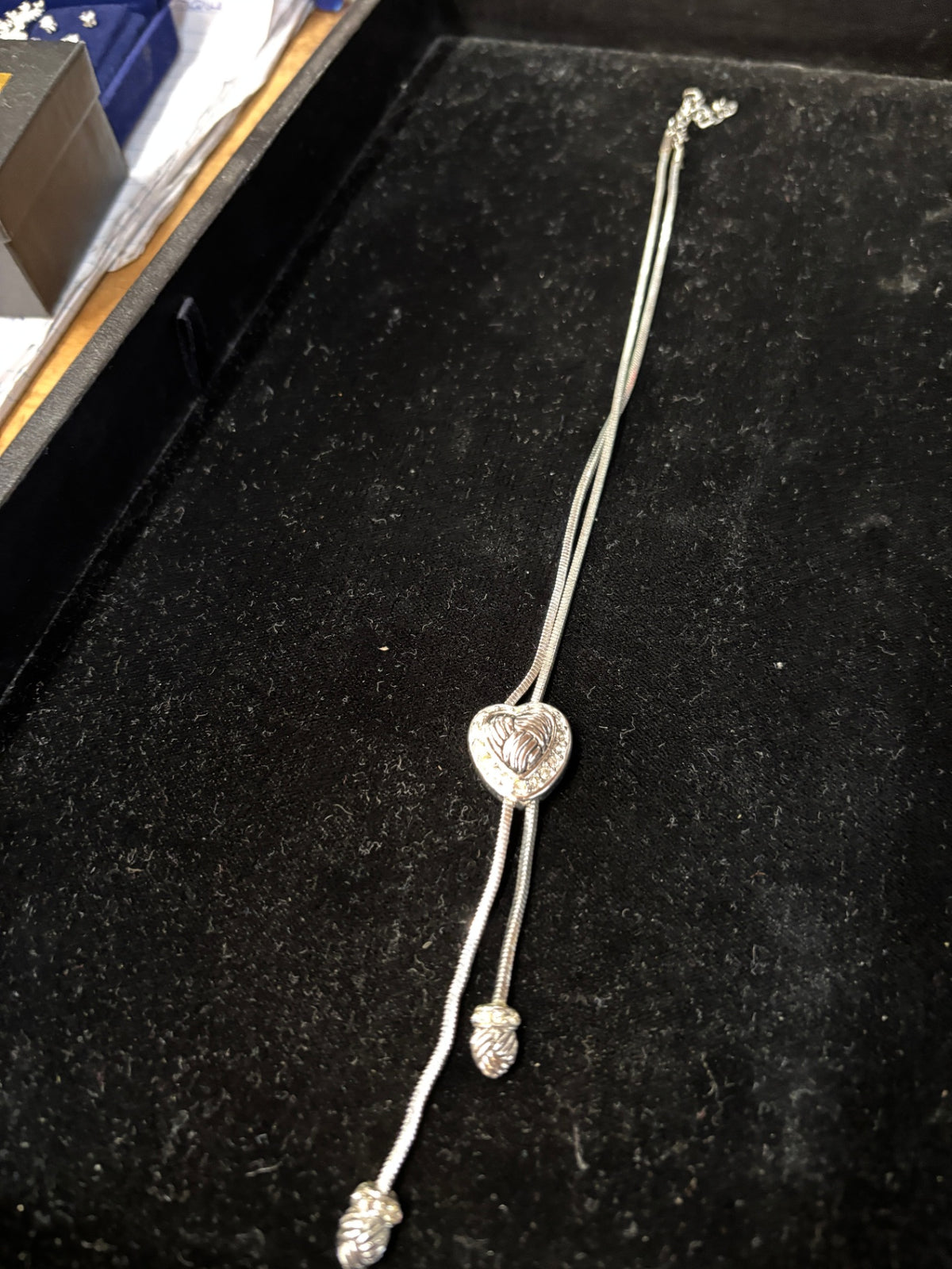 Silver-Tone Heart Slider Lariat Necklace with Tassel Drops
