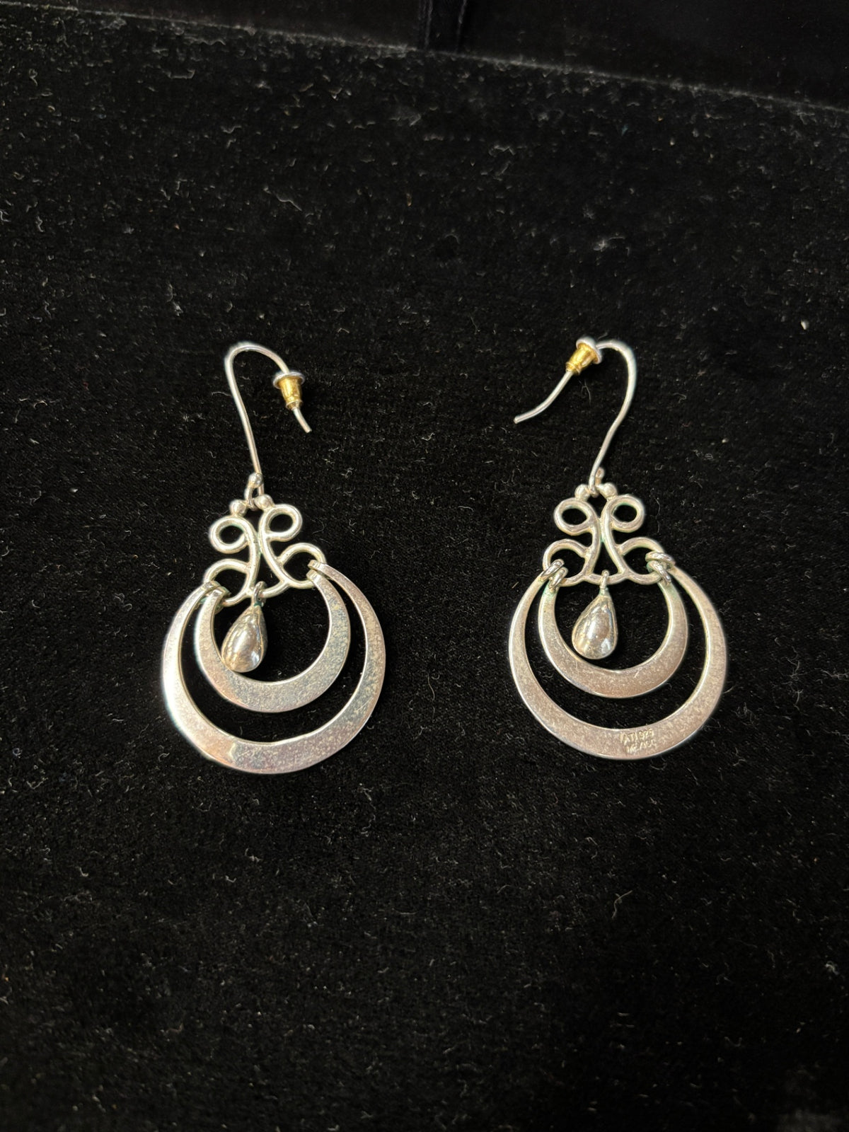 Vintage Sterling Silver Double Crescent Dangle Earrings – Scrollwork & Teardrop