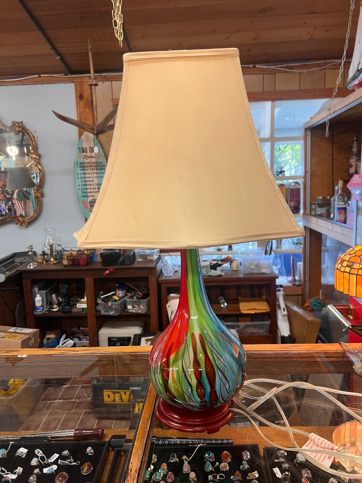 Hand-Blown Multicolor Art Glass Table Lamp – Red Green & Blue Swirl