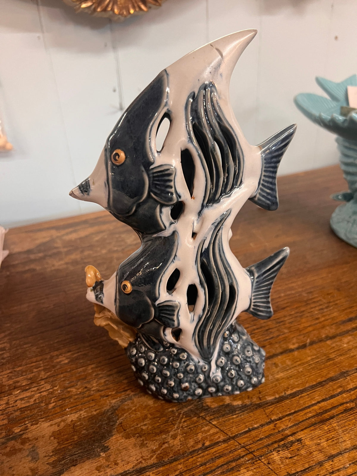 Ceramic Angelfish Pair Sculpture – Blue & White Coastal Decor