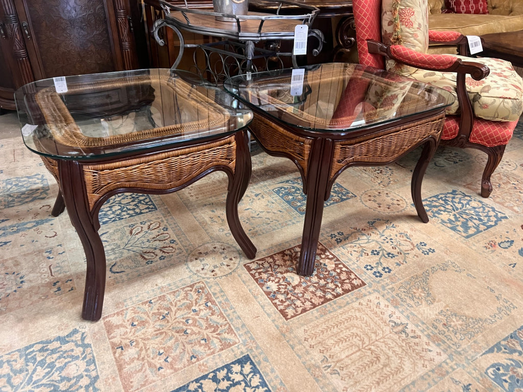 Pair of Wicker & Wood Glass-Top End Tables – Tropical Coastal Style