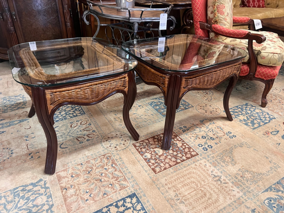 Pair of Wicker & Wood Glass-Top End Tables – Tropical Coastal Style