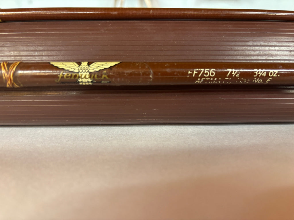 Vintage Fenwick FF756 two-piece fiberglass fly rod measuring 7 feet 6 inches and weighing 3 3/4 ounces, designed for an AFTMA No. 6 fly line