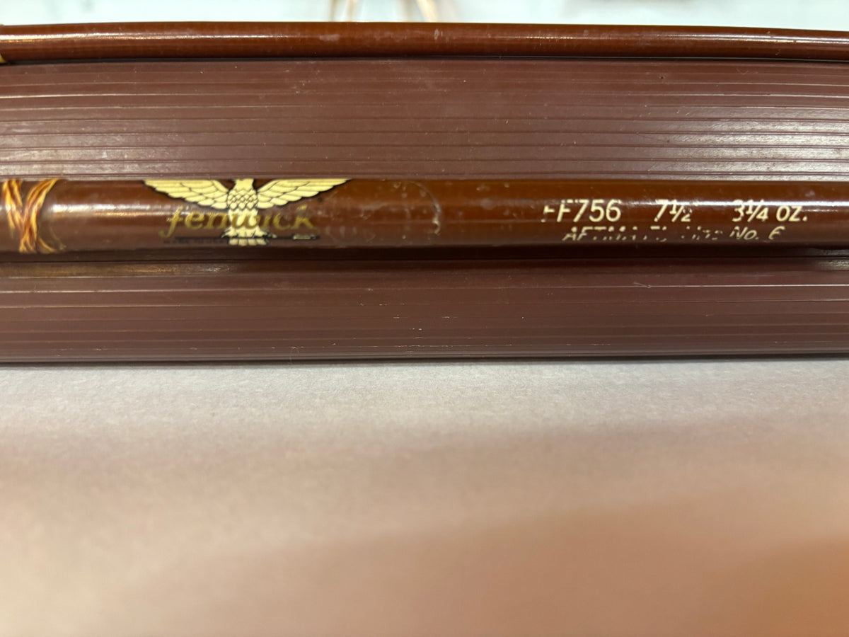 Vintage Fenwick FF756 two-piece fiberglass fly rod measuring 7 feet 6 inches and weighing 3 3/4 ounces, designed for an AFTMA No. 6 fly line