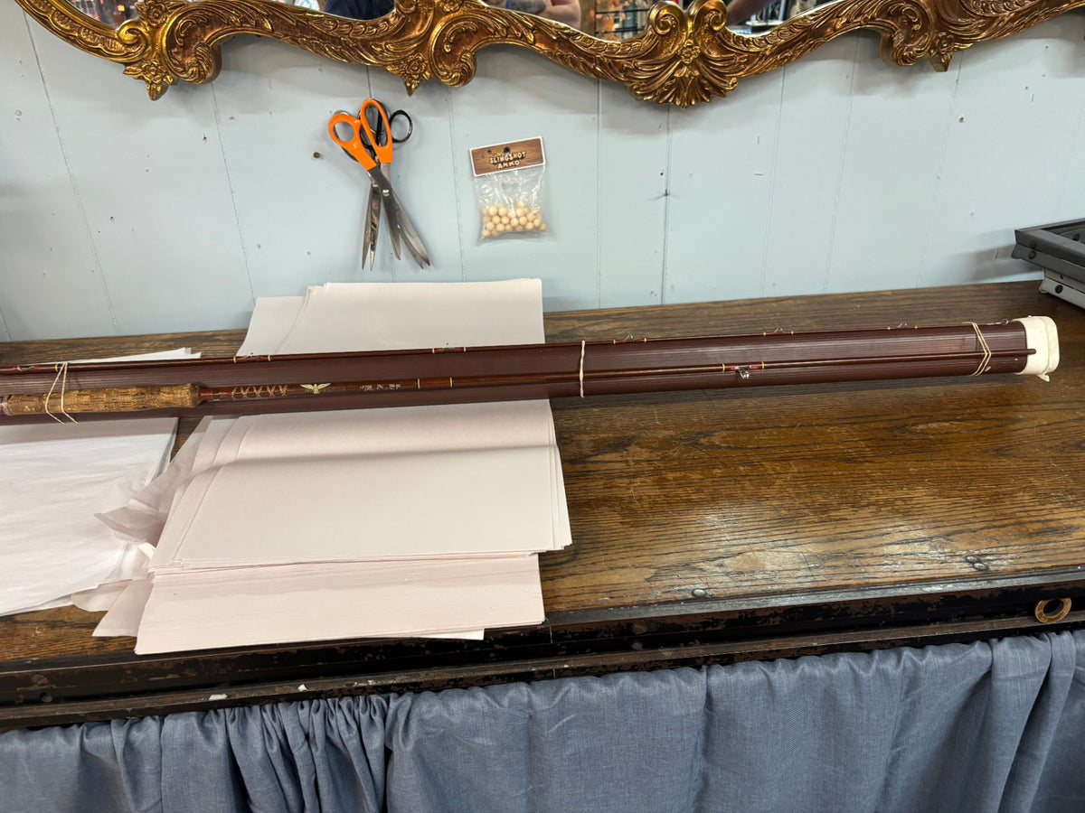 Vintage Fenwick FF756 two-piece fiberglass fly rod measuring 7 feet 6 inches and weighing 3 3/4 ounces, designed for an AFTMA No. 6 fly line