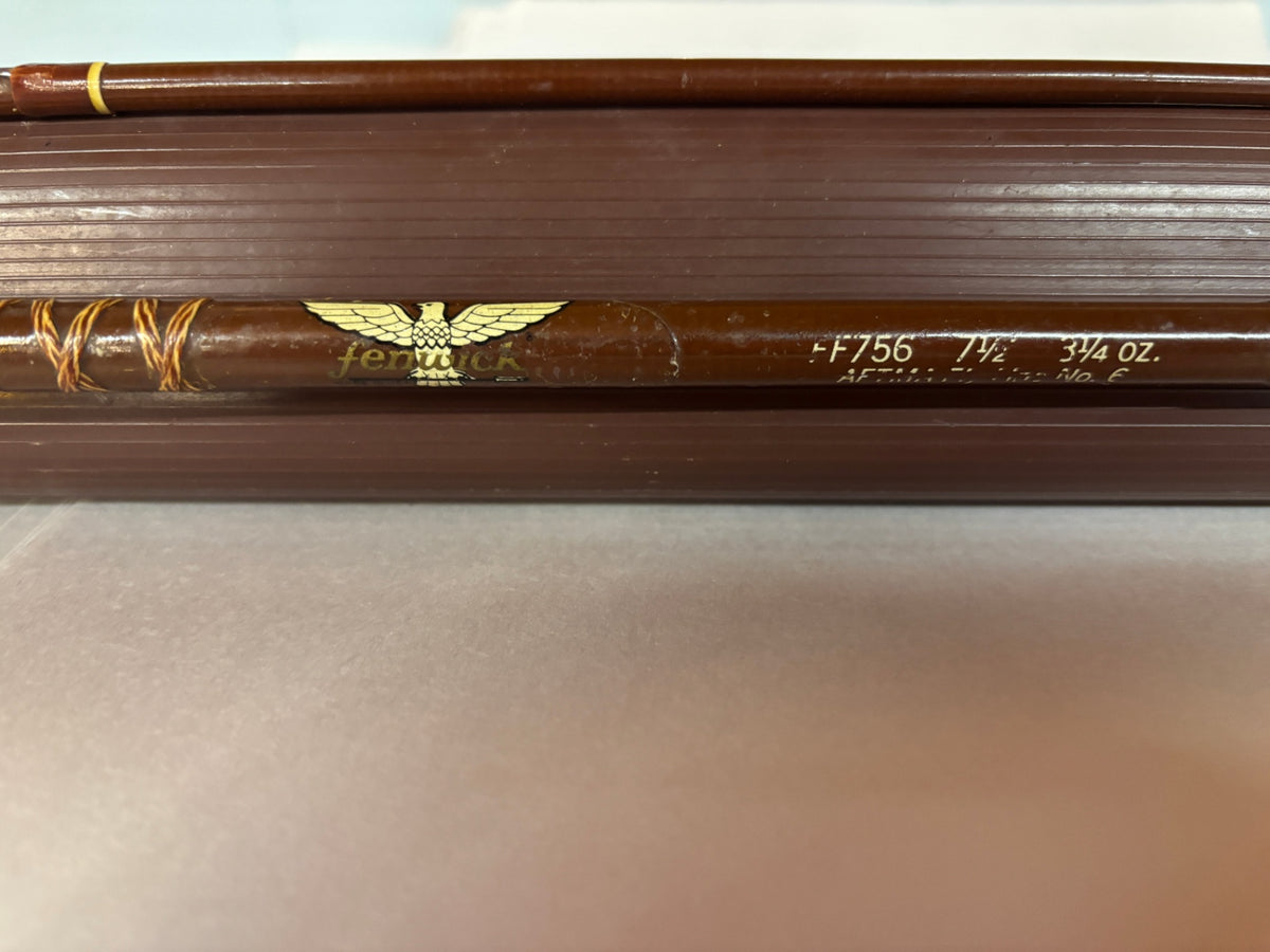 Vintage Fenwick FF756 two-piece fiberglass fly rod measuring 7 feet 6 inches and weighing 3 3/4 ounces, designed for an AFTMA No. 6 fly line