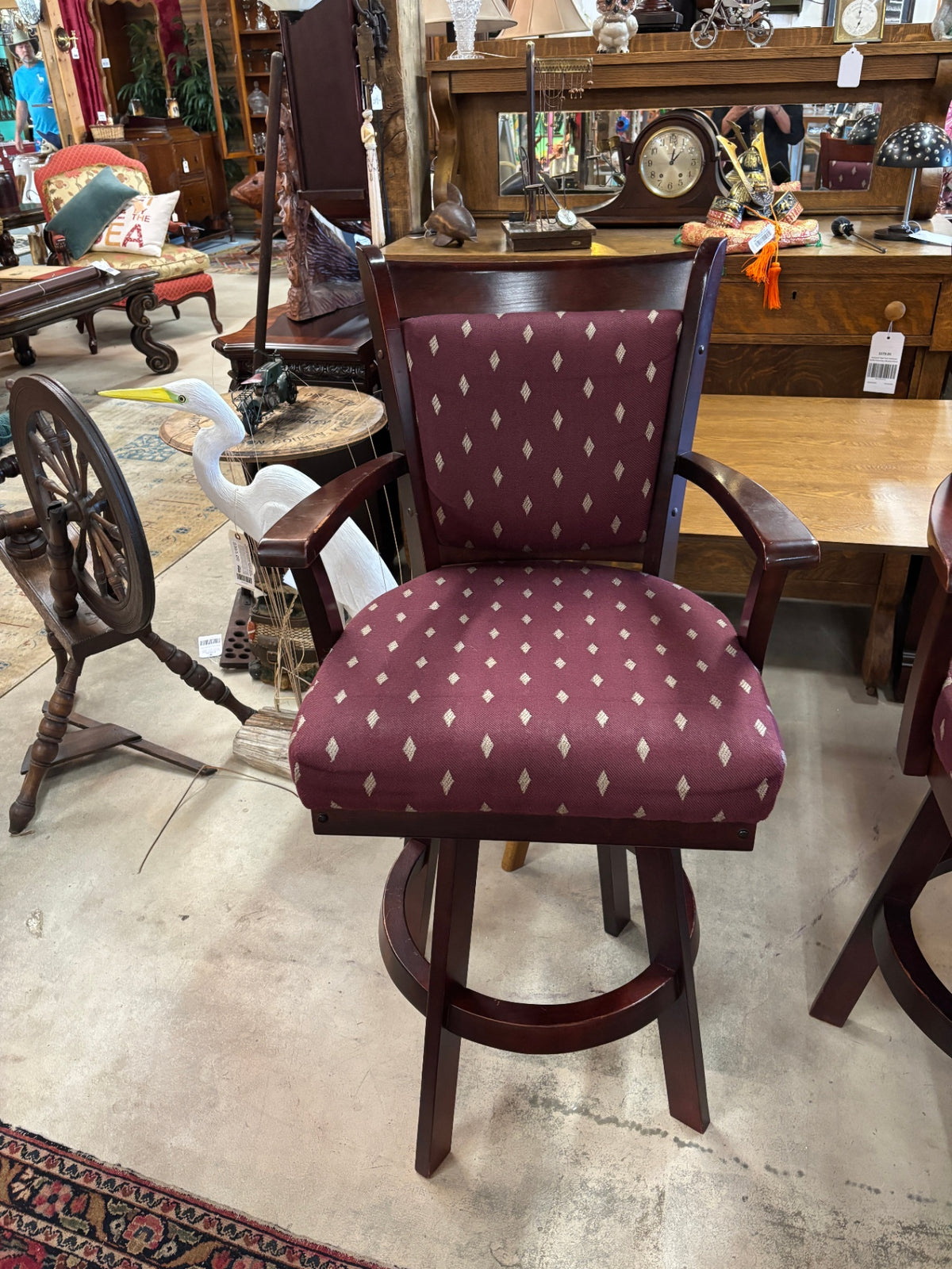 Vintage Swivel Bar Stool Armchair – Burgundy Upholstery & Dark Wood