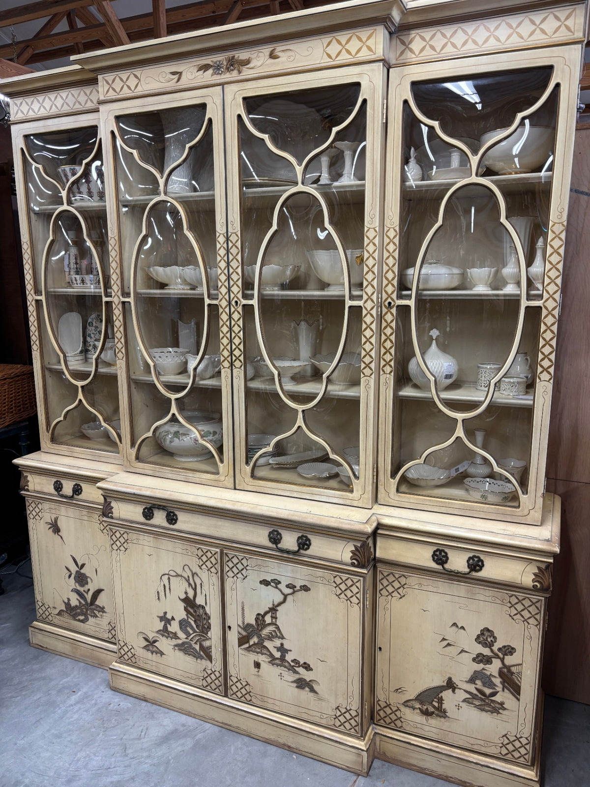 Vintage Cream Lacquer Chinoiserie Breakfront China Cabinet