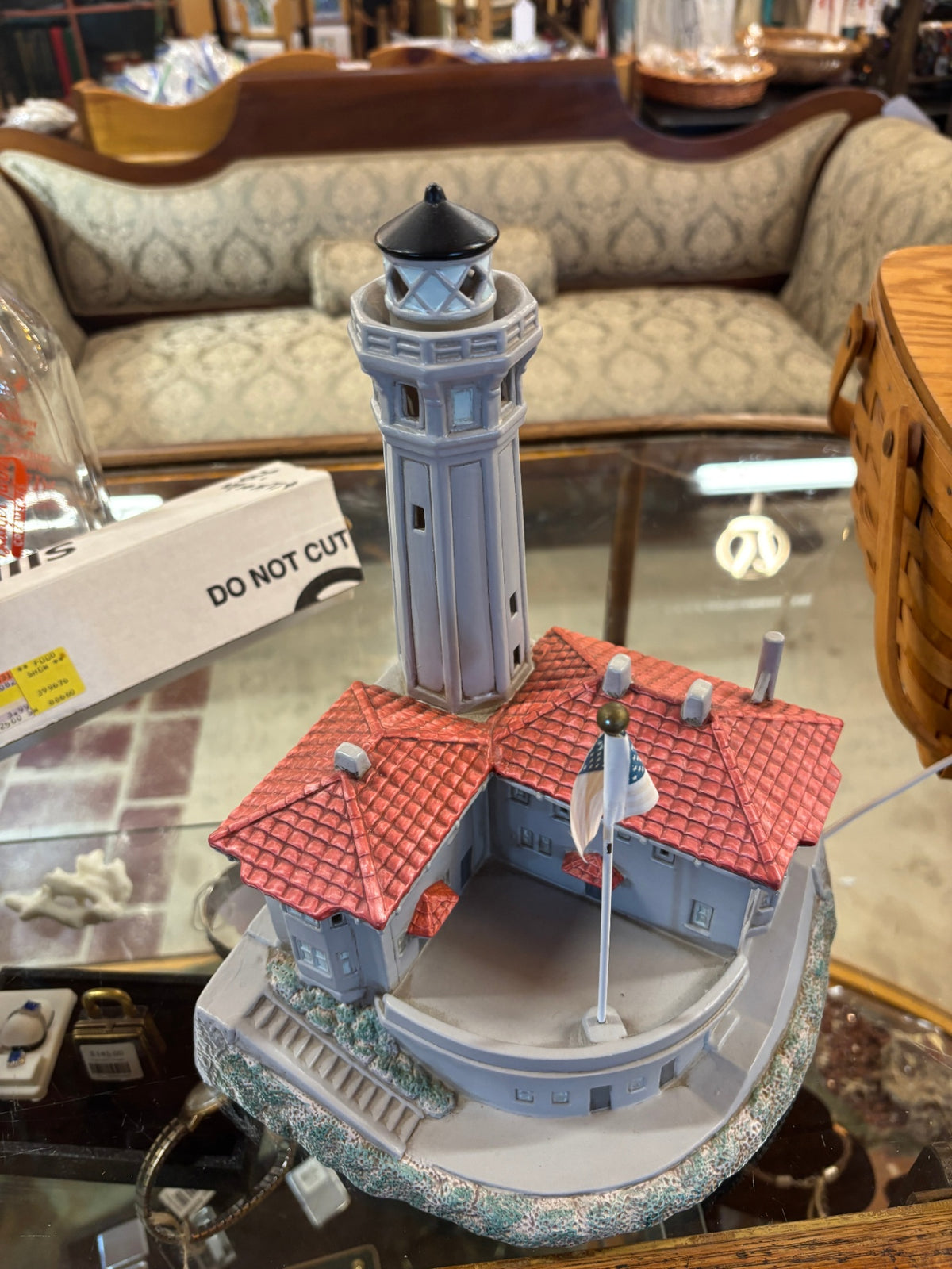 Coastal Lighthouse & Keeper’s House Figurine with American Flag