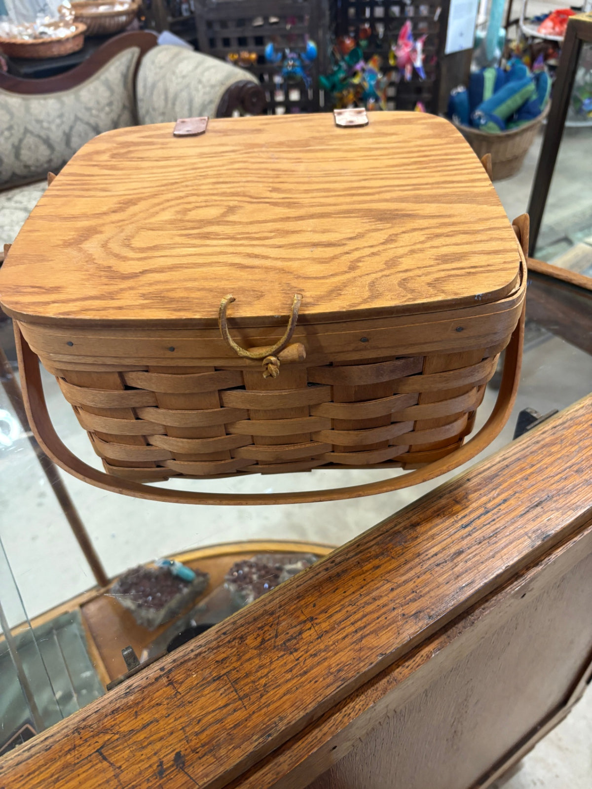 Vintage Longaberger Handwoven Wood Picnic Basket with Hinged Lid