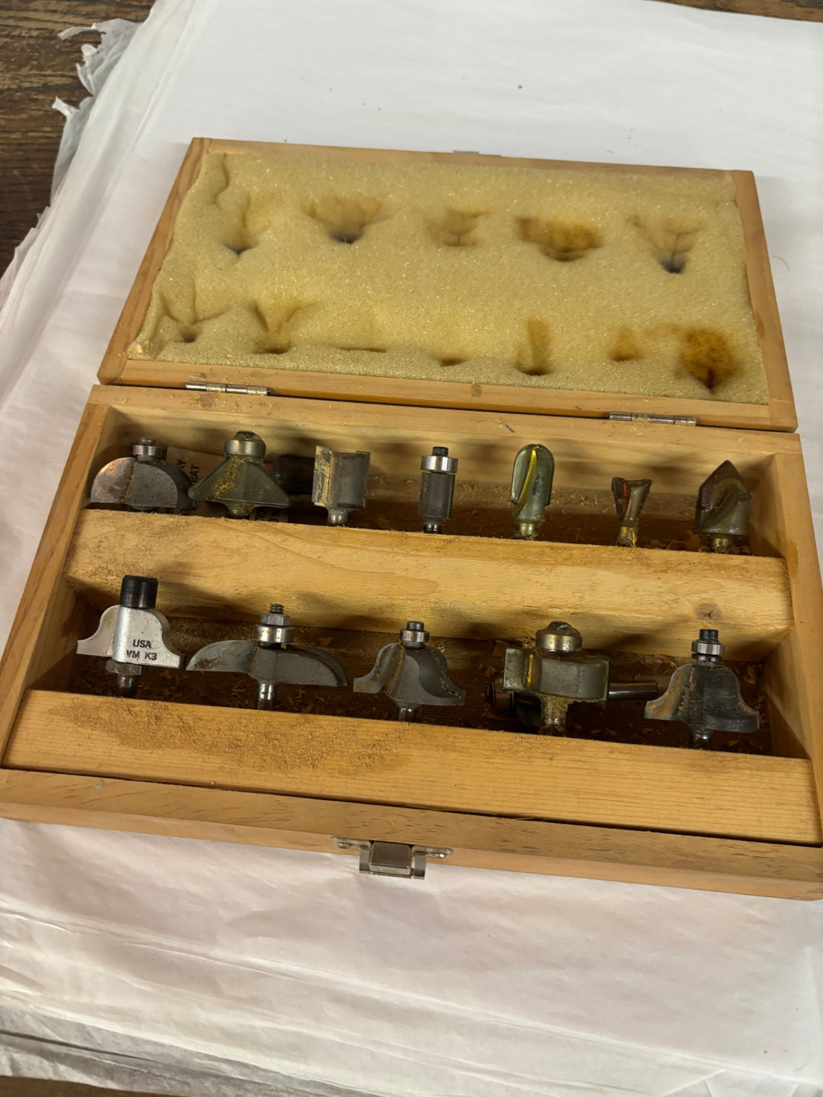 Vintage 12-Piece Carbide Router Bit Set in Wooden Storage Case