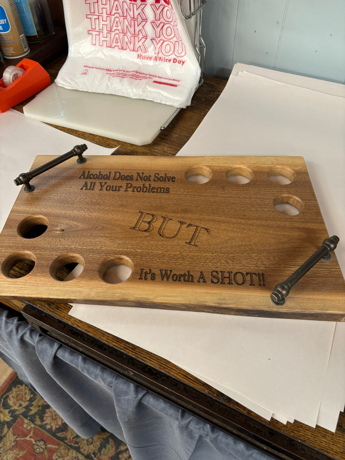 Rustic Wood Shot Glass Serving Tray with Handles – “It’s Worth a Shot” Barware