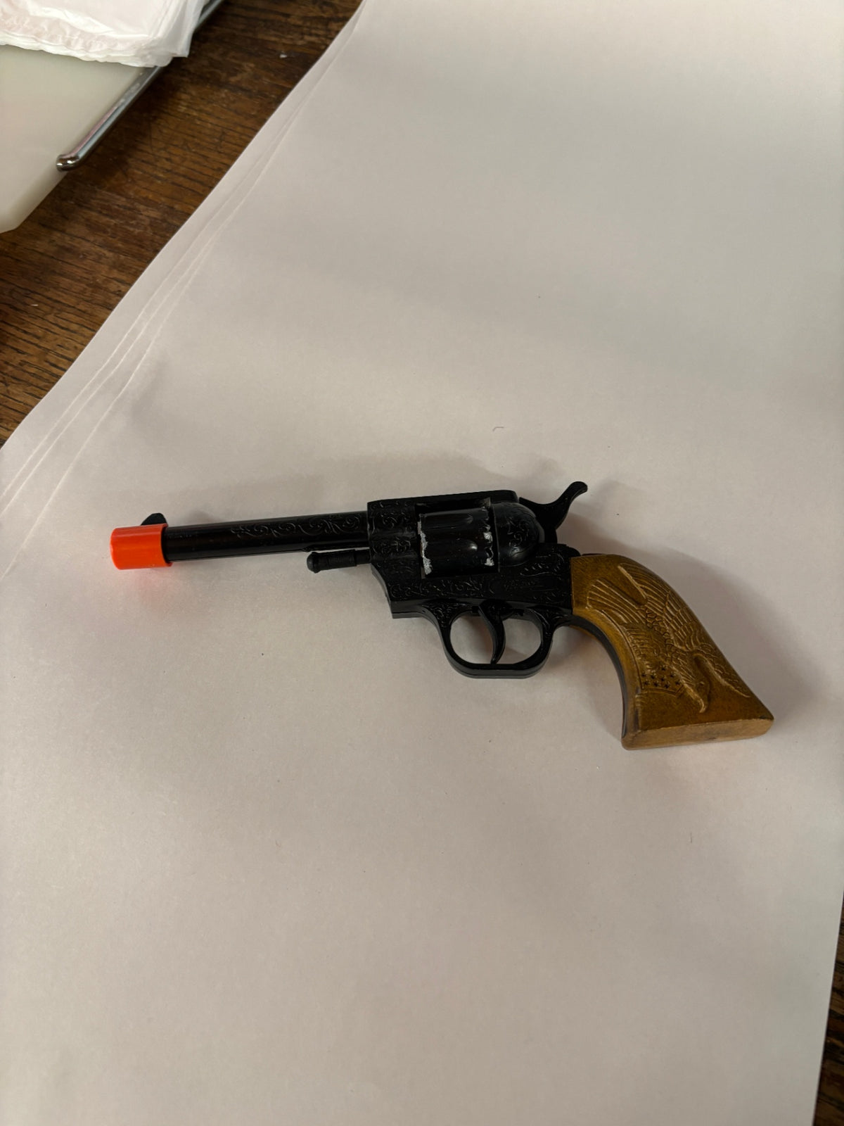 Vintage Western Toy Cap Gun Revolver with Eagle Grip & Orange Safety Tip