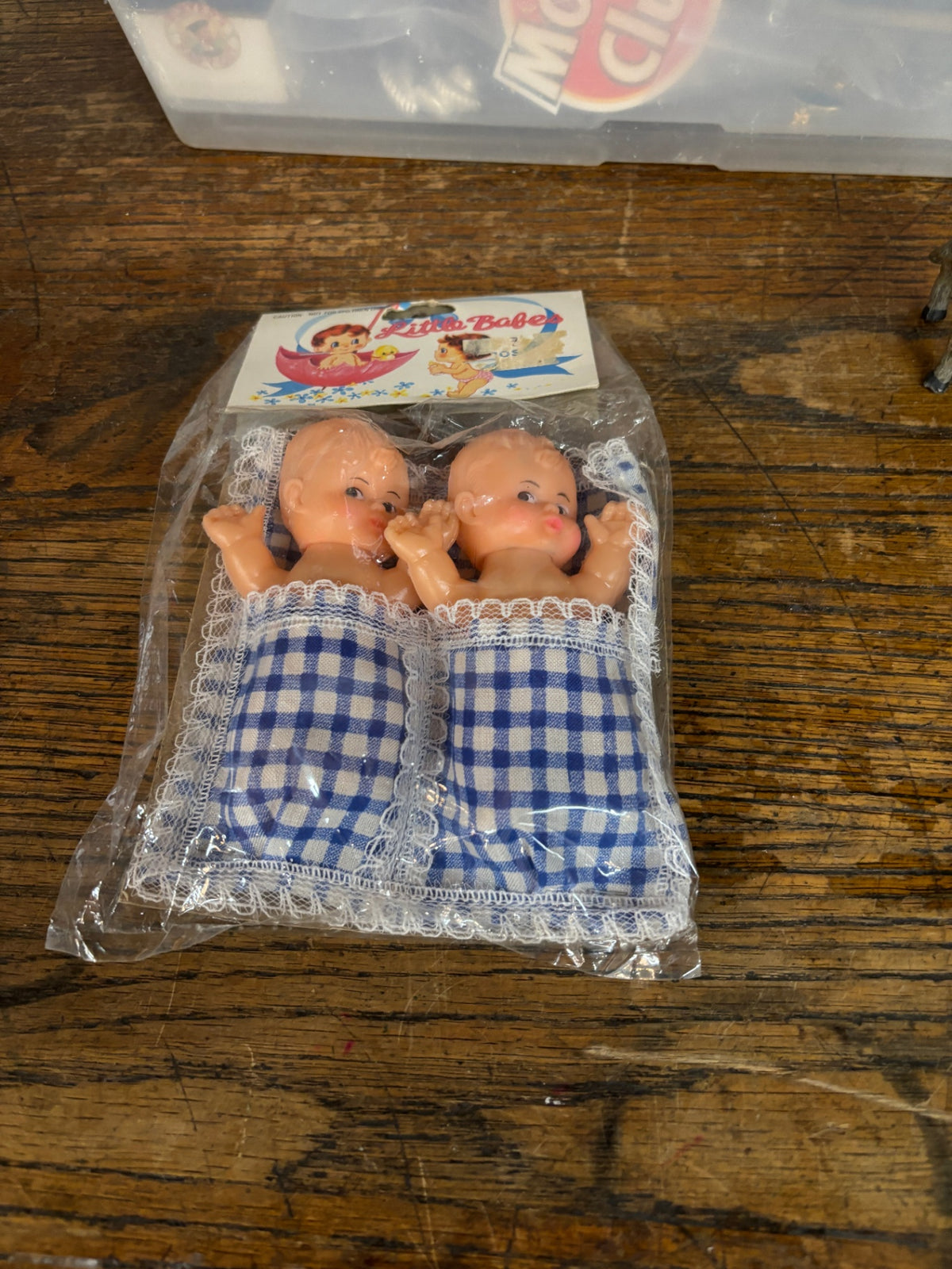 Vintage “Little Babes” Twin Baby Dolls in Gingham Bed – Original Package
