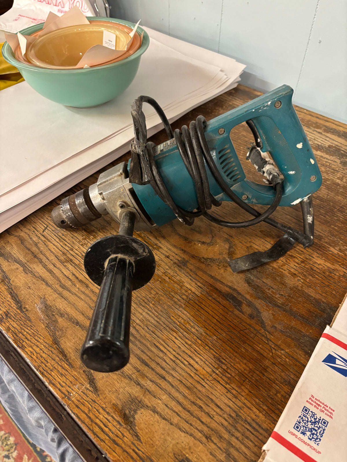 Vintage Heavy-Duty Corded Electric Drill with Side Handle – Teal Industrial Power Tool
