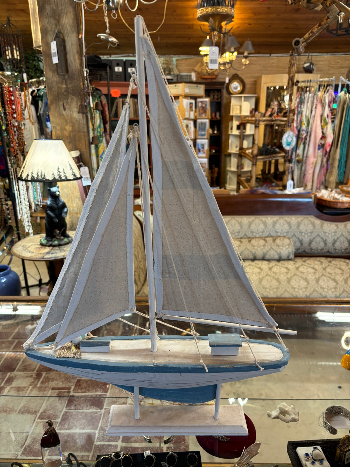 Coastal Wooden Sailboat Model with Canvas Sails – Nautical Decor