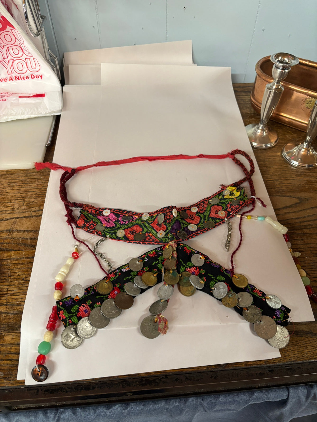 Vintage Tribal Coin & Embroidered Textile Necklace / Ceremonial Adornment