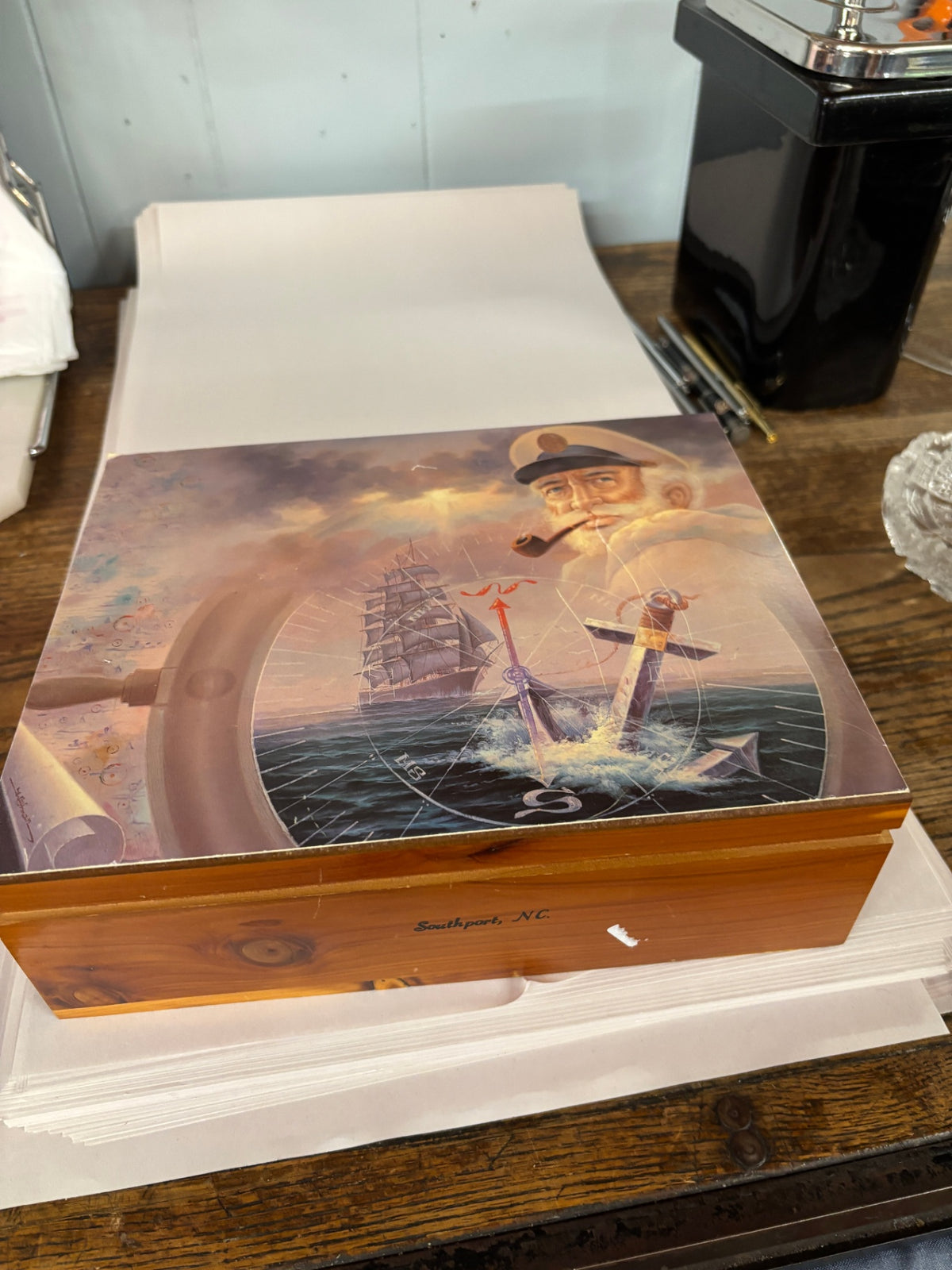 Vintage Nautical Captain & Sailing Ship Cedar Keepsake Box – Southport, NC