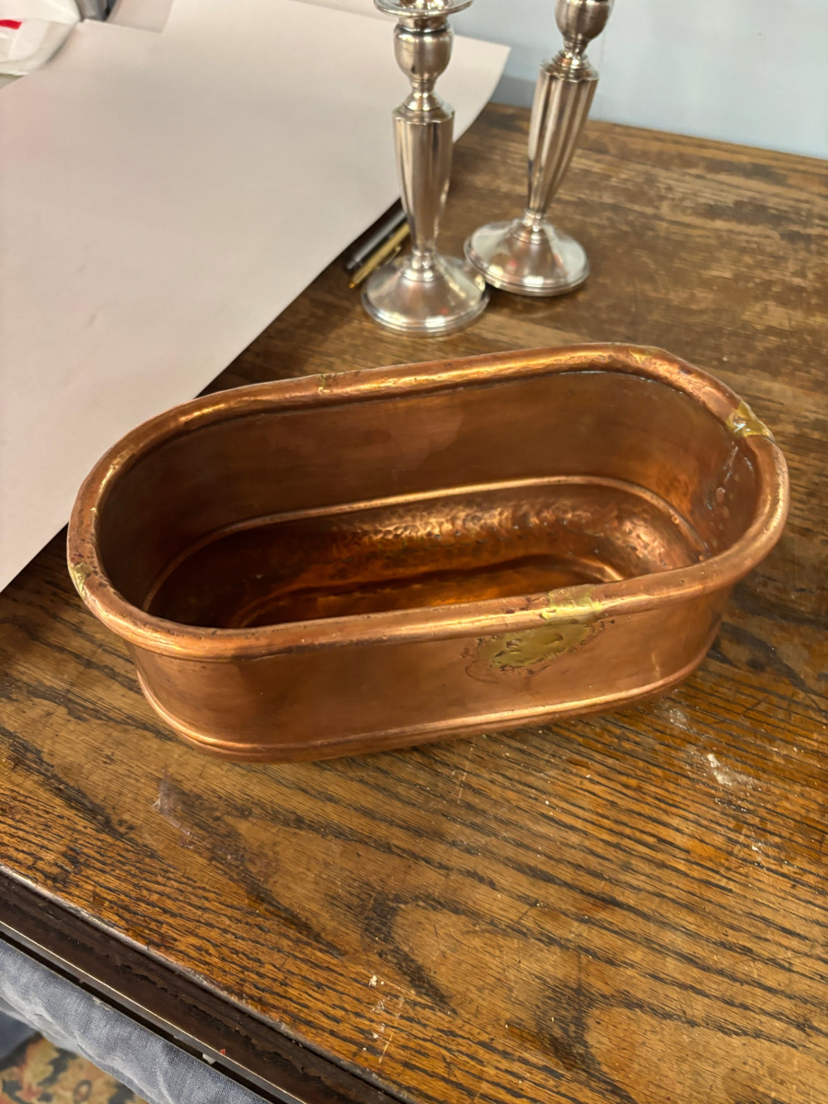Vintage Hand-Hammered Copper Oval Basin / Roasting Pan with Rolled Rim