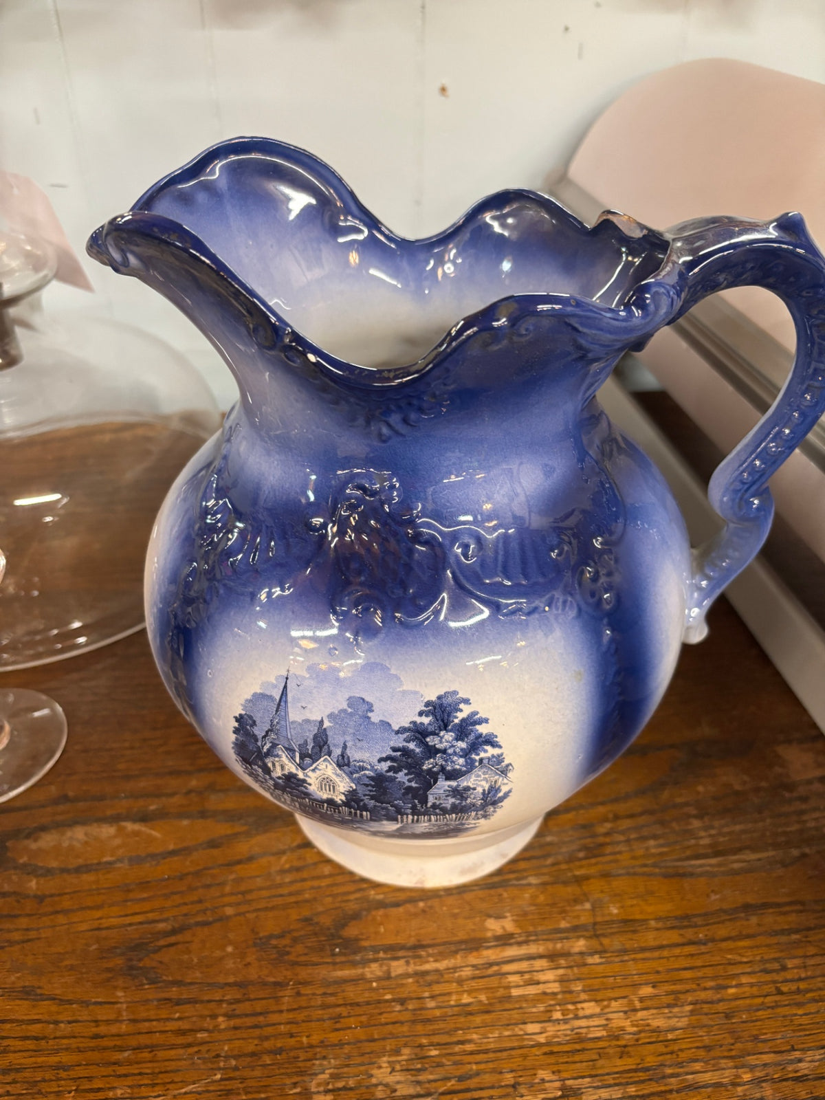 Antique Flow Blue Transferware Wash Pitcher with Scenic Church Motif & Scalloped Rim