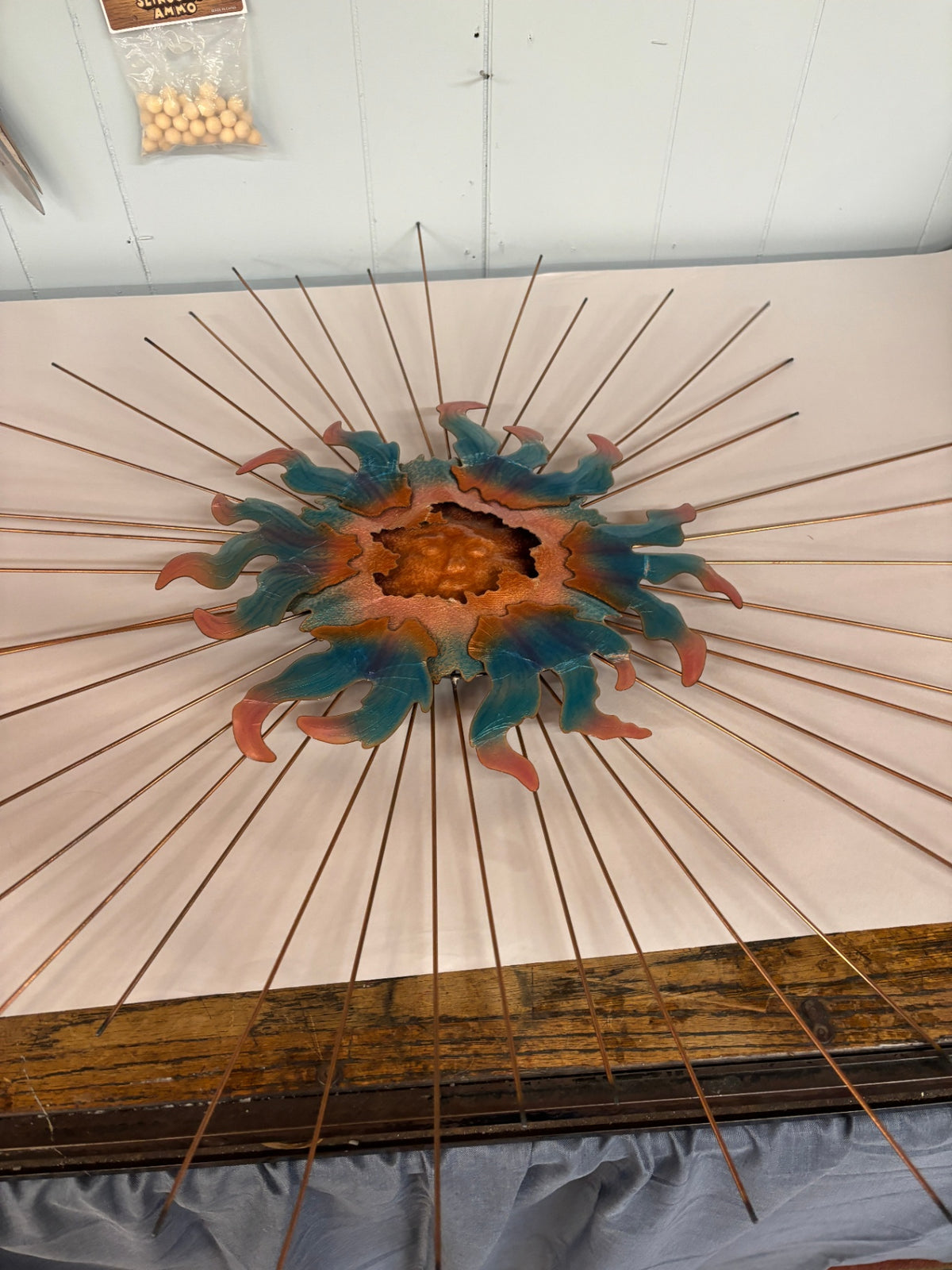Mid-Century Style Brutalist Metal Sunburst Wall Sculpture – Copper & Enamel Floral Center