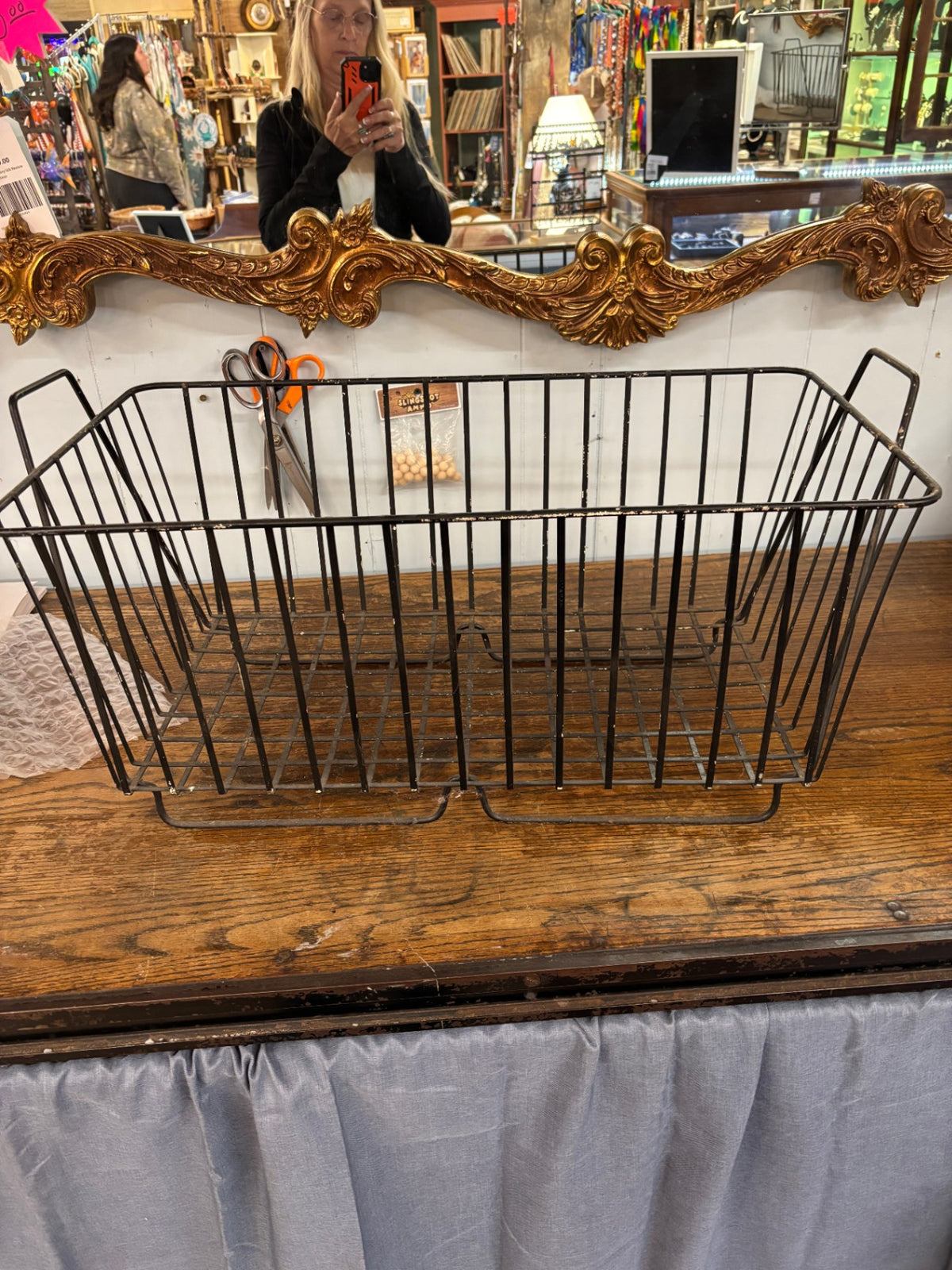 Vintage Industrial Black Wire Market Basket with Folding Handles – Large Metal Storage Basket