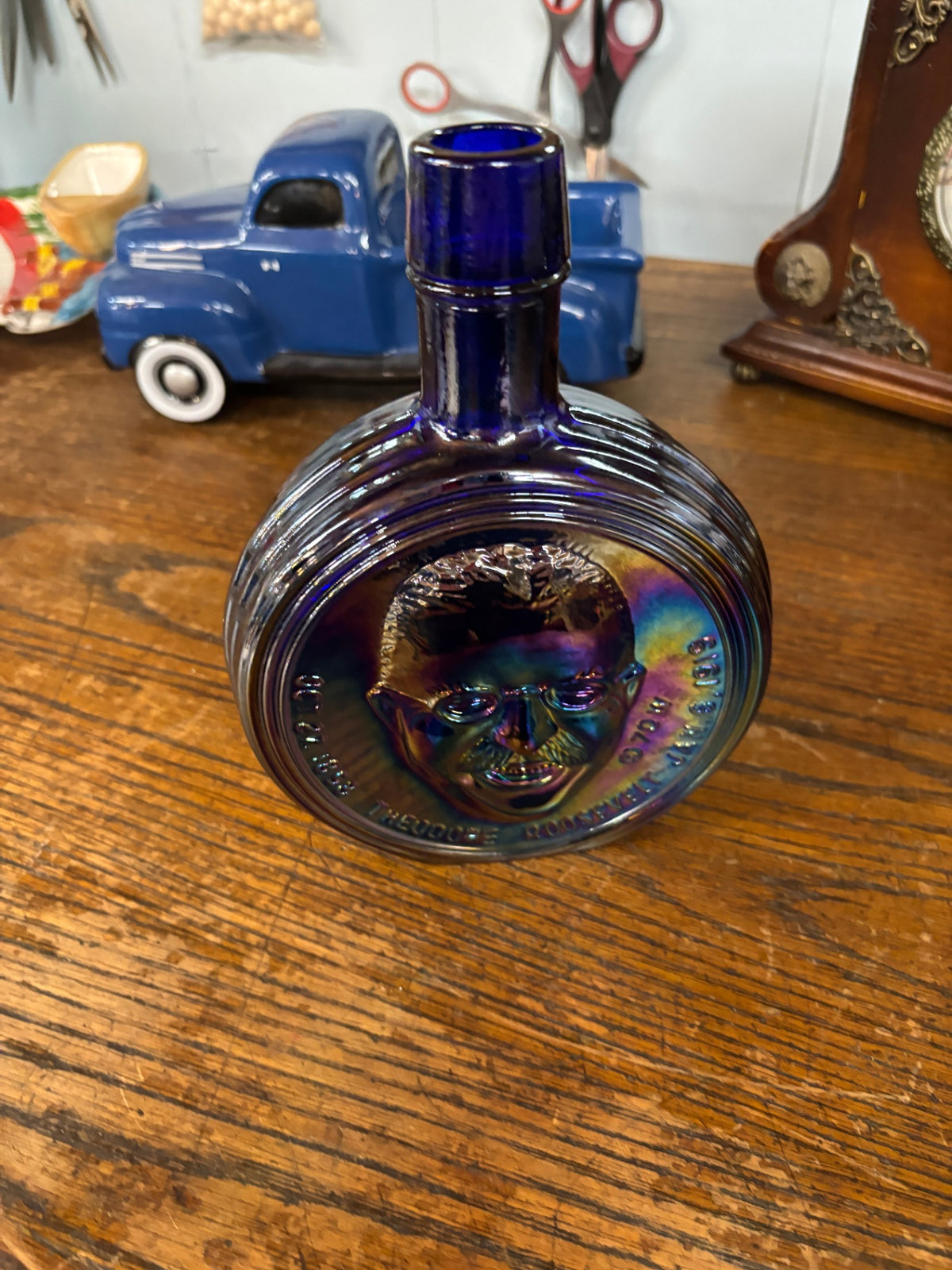 Vintage Theodore Roosevelt Presidential Cobalt Blue Carnival Glass Commemorative Bottle / Decanter
