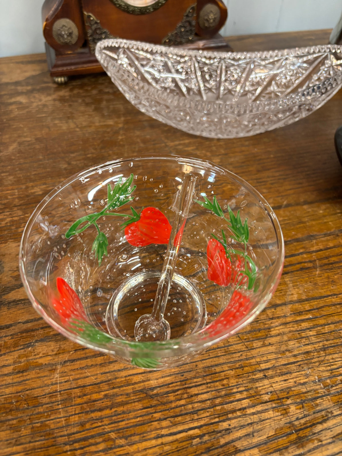 Vintage Strawberry Pattern Clear Glass Serving Bowl with Ladle
