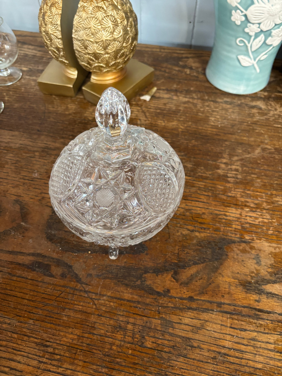 Vintage Cut Glass Footed Candy Dish with Lid – Starburst & Diamond Pattern