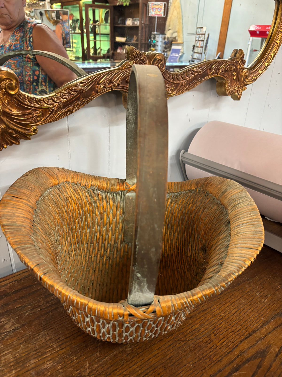 Vintage Handwoven Wicker Gathering Basket with Wide Wood Handle
