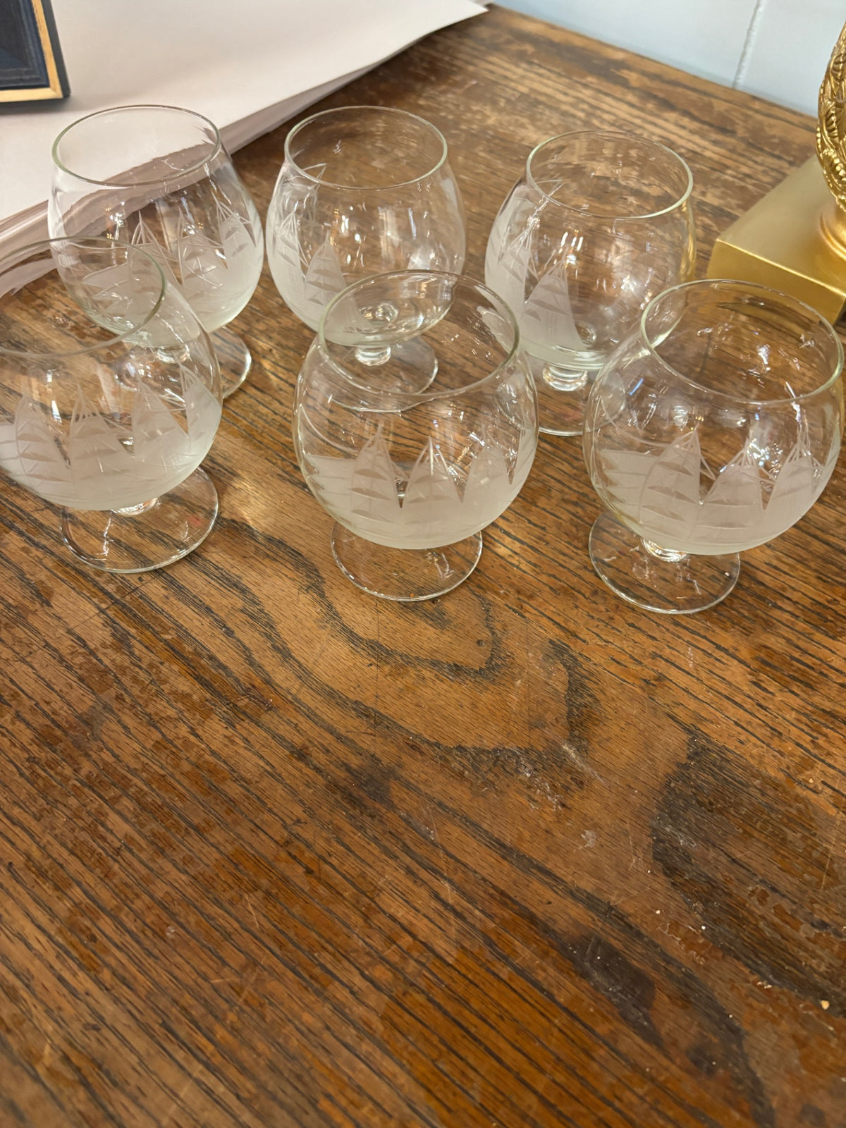 Set of 6 Vintage Etched Crystal Brandy Snifters – Frosted Sailboat Design