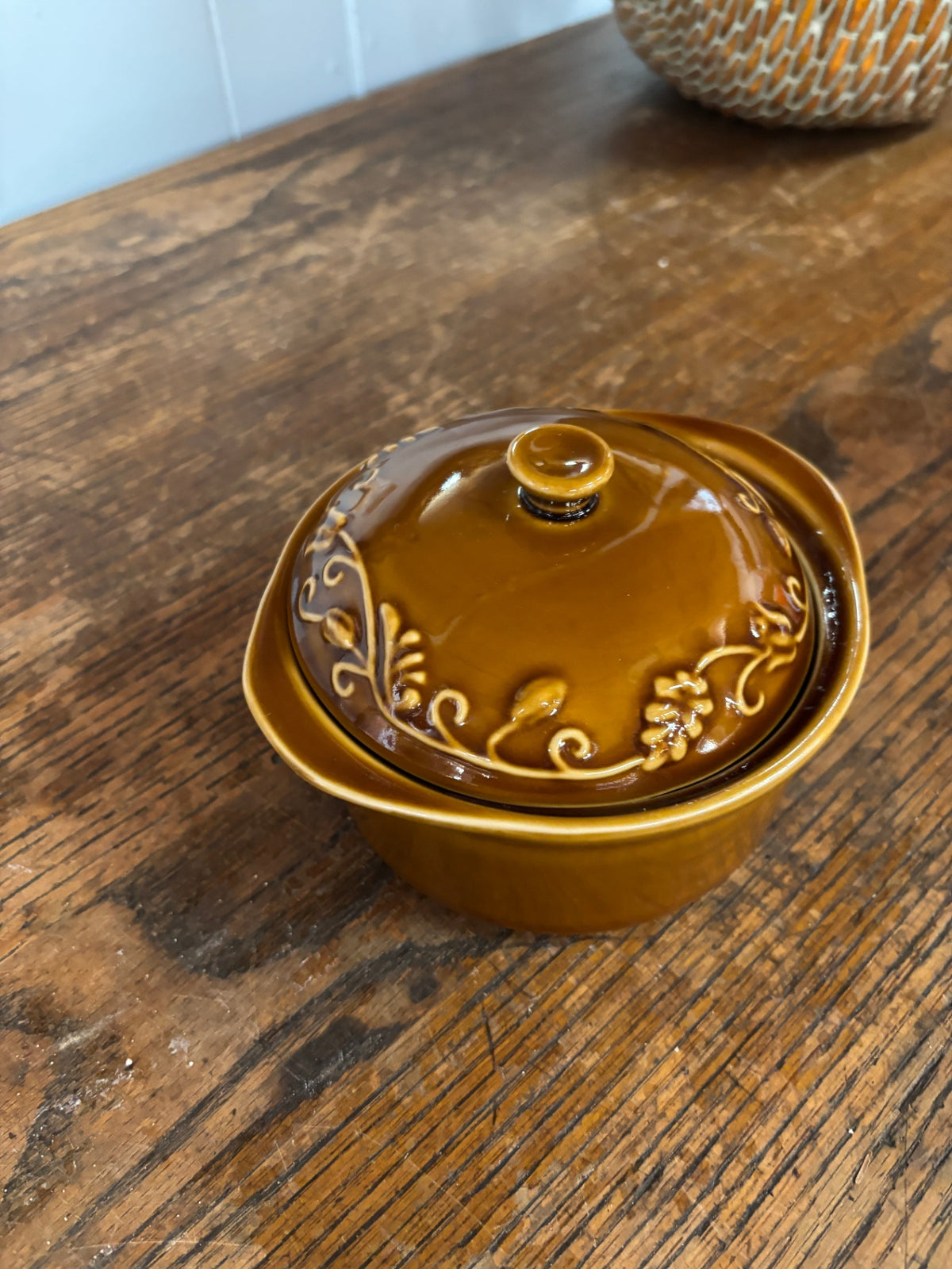 Vintage Brown Glazed Ceramic Covered Butter Dish with Embossed Floral Vine Design