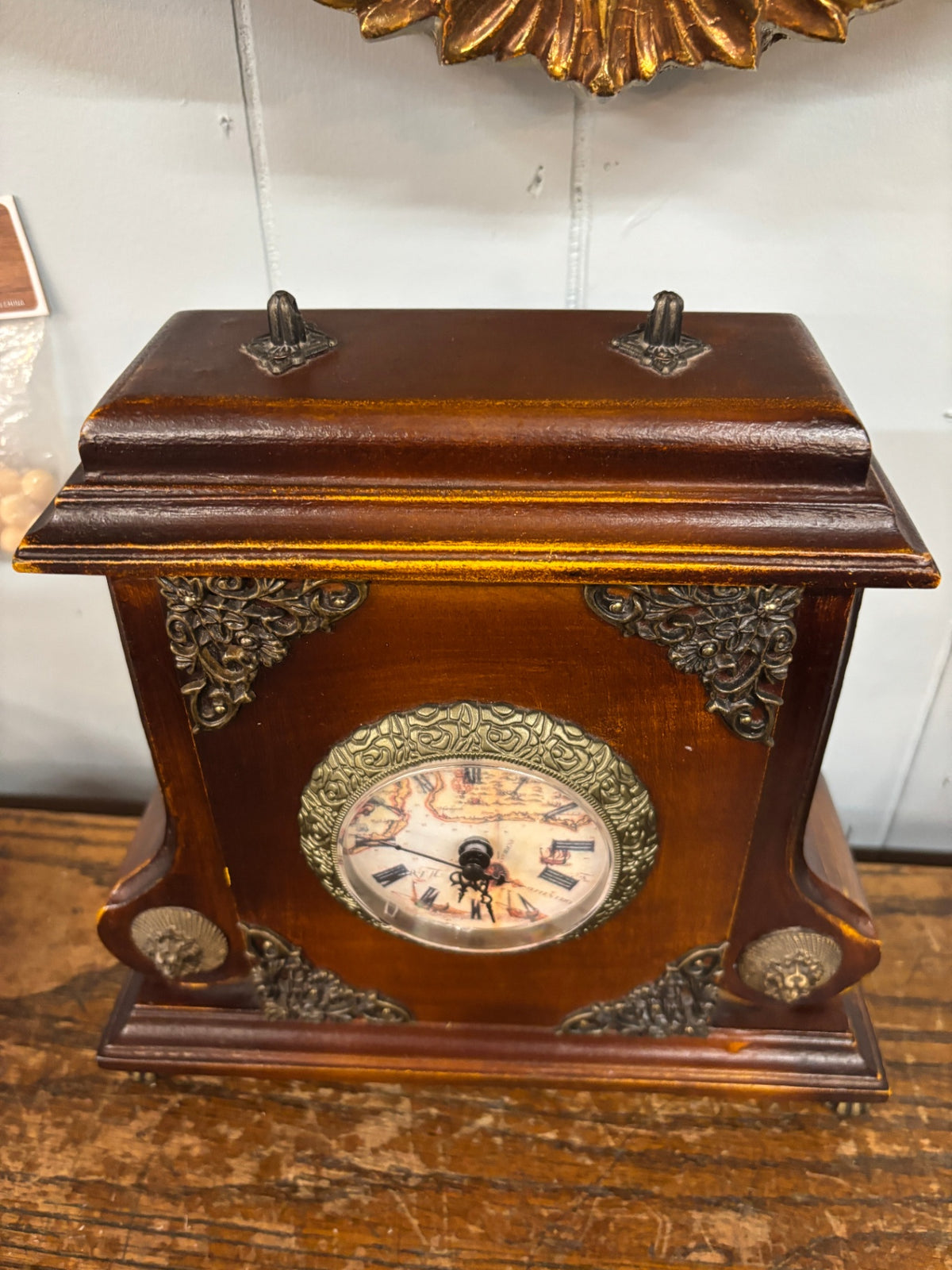 Vintage Ornate Wood Mantel Clock with Brass-Tone Floral Accents