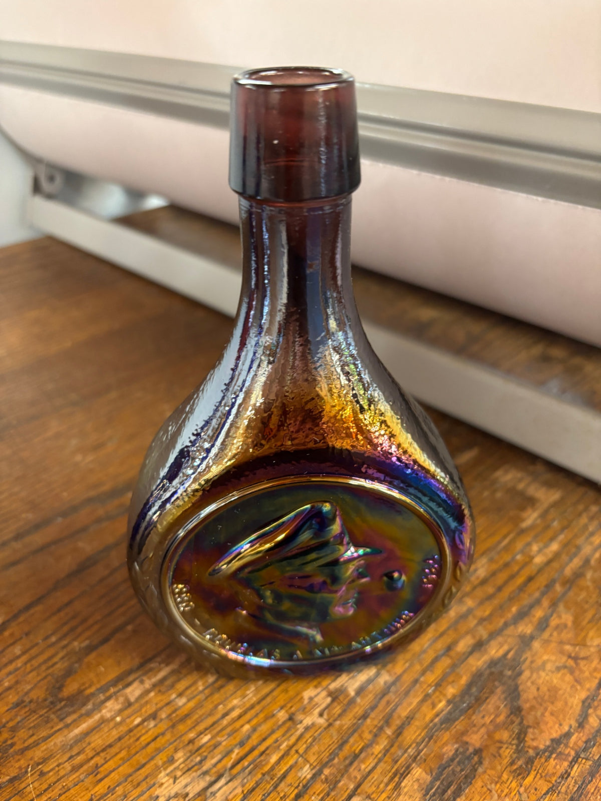 Vintage Iridescent Carnival Glass Decanter Bottle with Embossed Fish Medallion