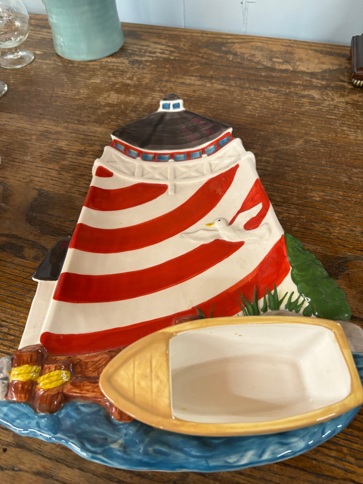 Vintage Ceramic Lighthouse & Sailboat Coastal Serving Dish / Nautical Décor