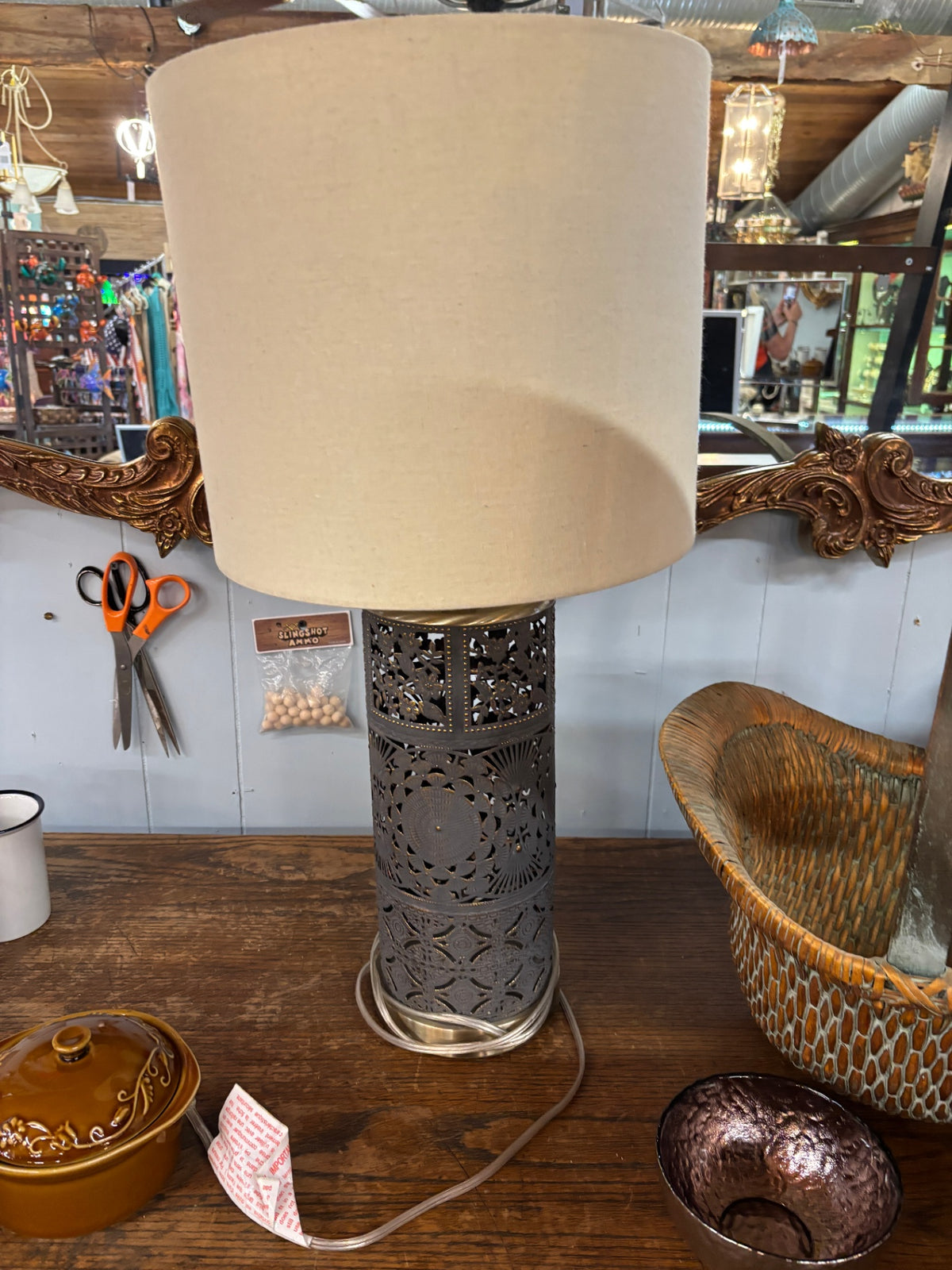 Pierced Metal Moroccan-Style Table Lamp with Linen Drum Shad
