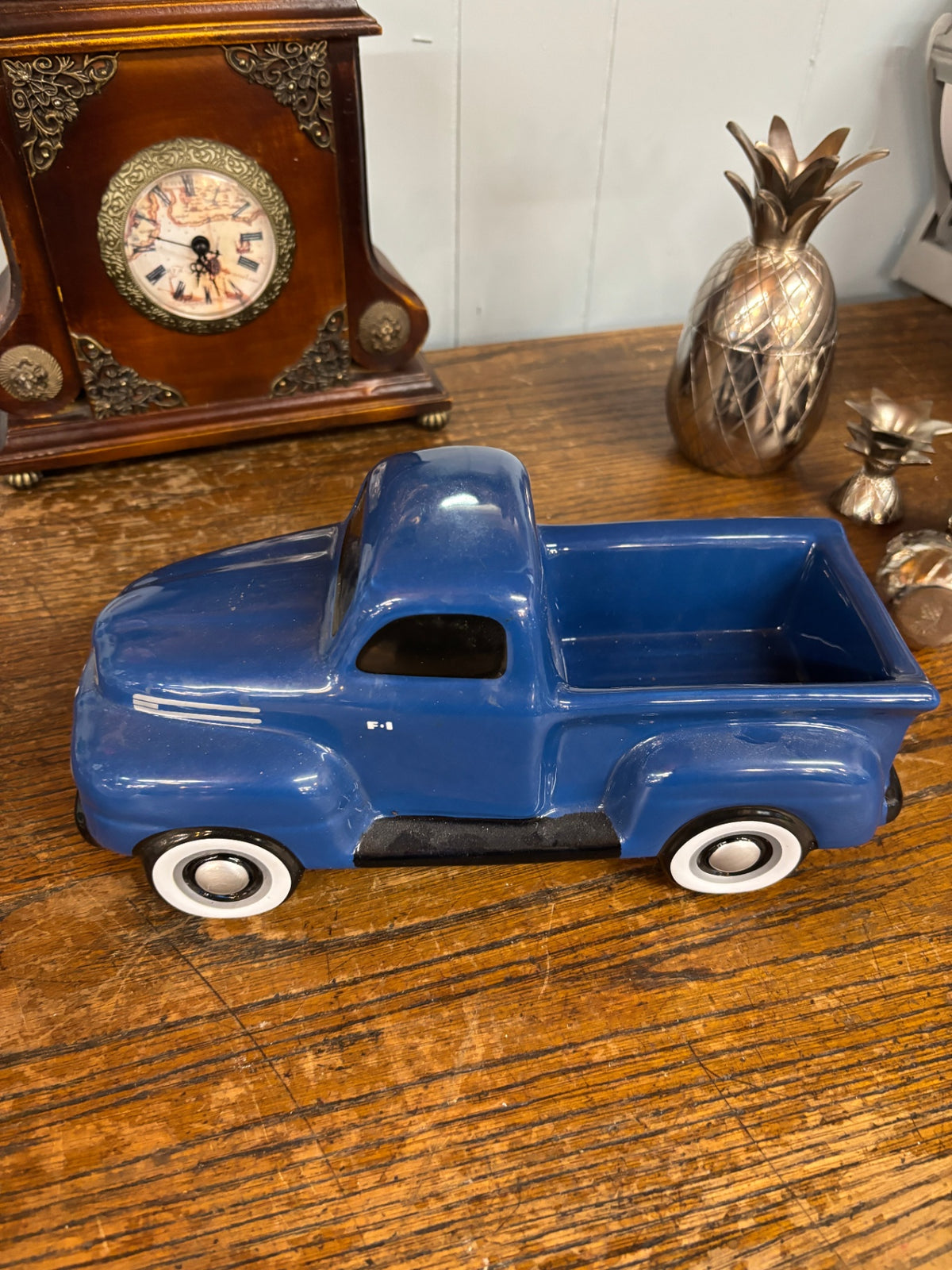 Vintage Blue Ceramic Pickup Truck Planter / Decorative Container
