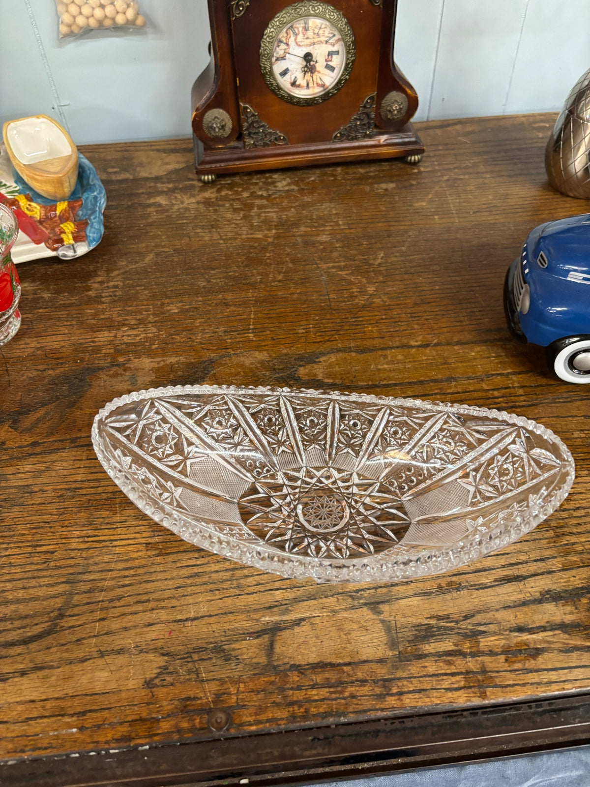 Vintage Pressed Glass Oval Relish Dish – Starburst & Geometric Pattern