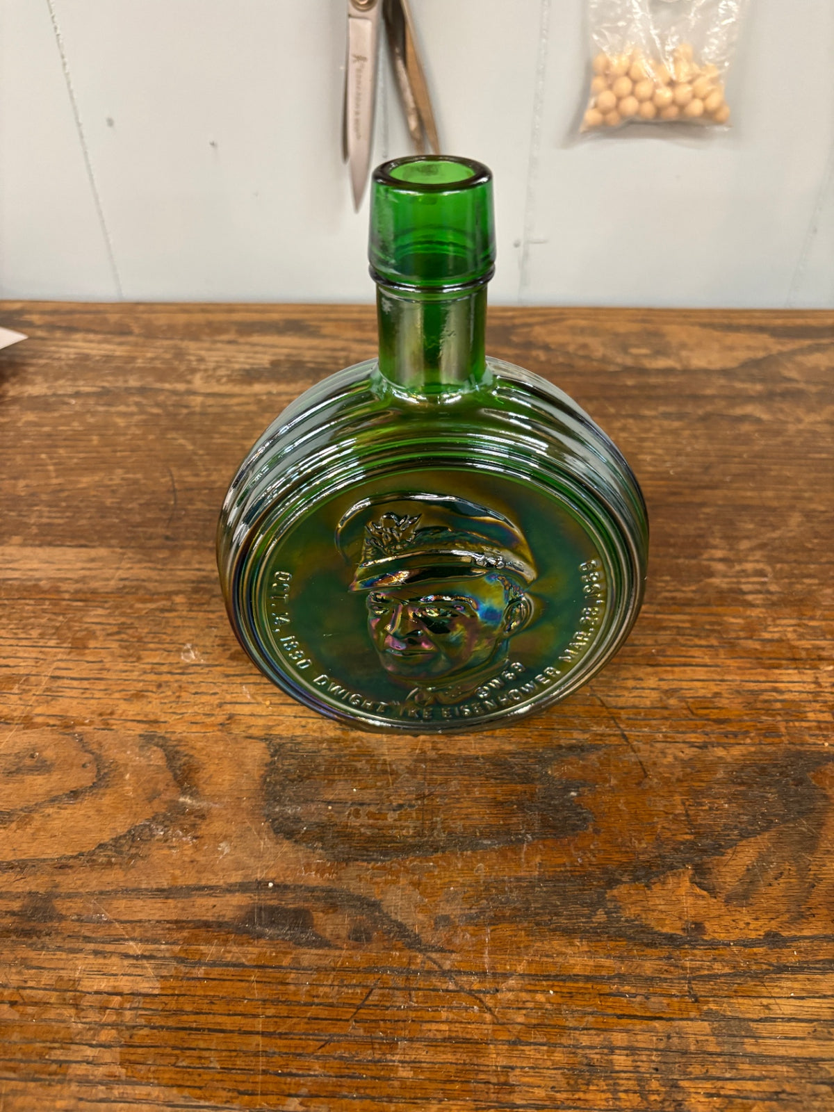 Vintage 1969 Wheaton Dwight D. “Ike” Eisenhower Green Carnival Glass Presidential Decanter