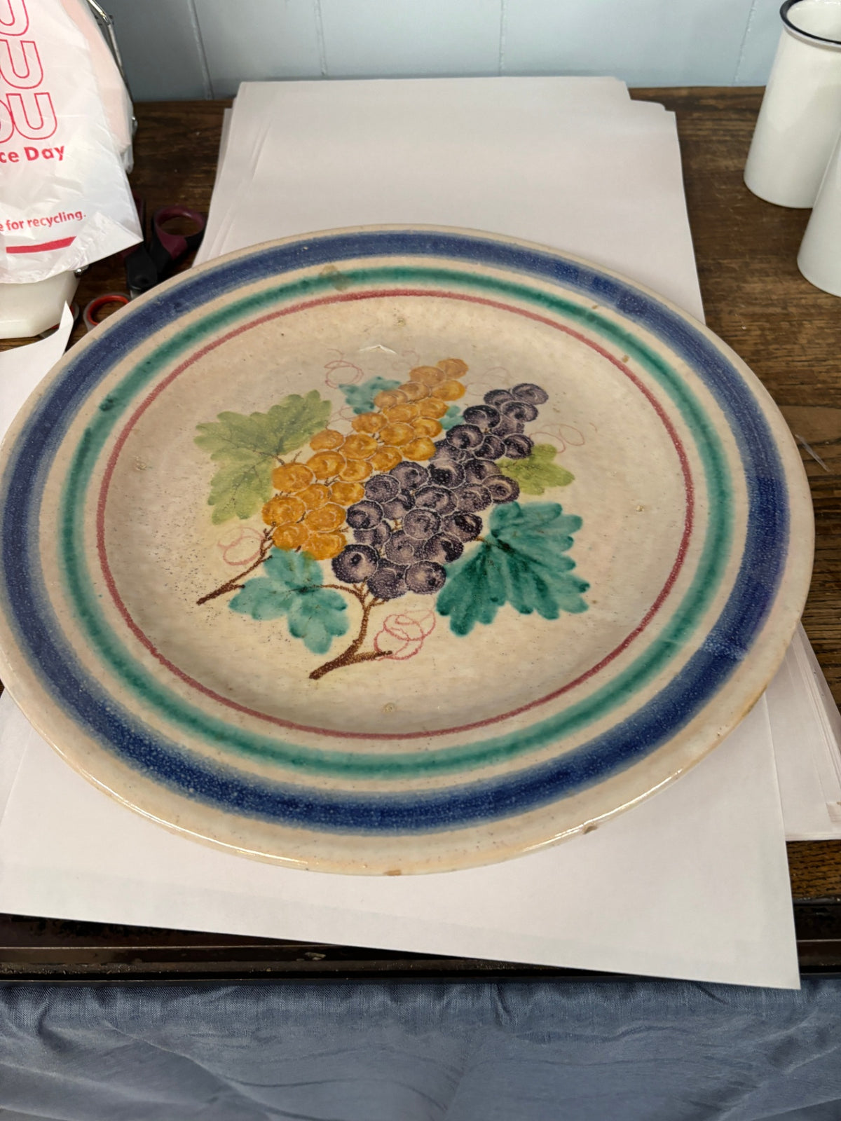 Vintage Hand-Painted Studio Pottery Grape & Vine Serving Platter – Blue Green Banded Rim