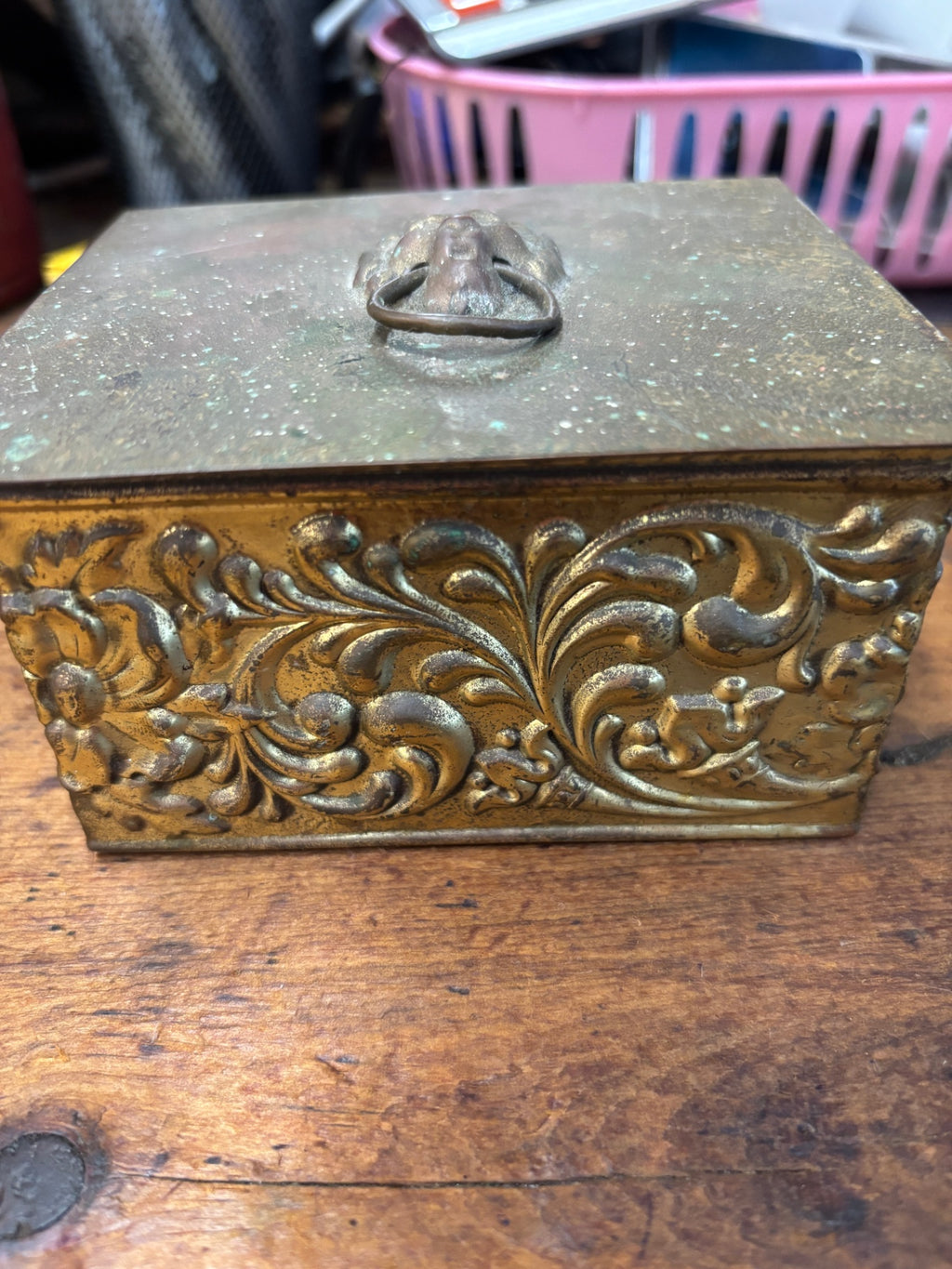 Vintage embossed metal trinket box with wood interior