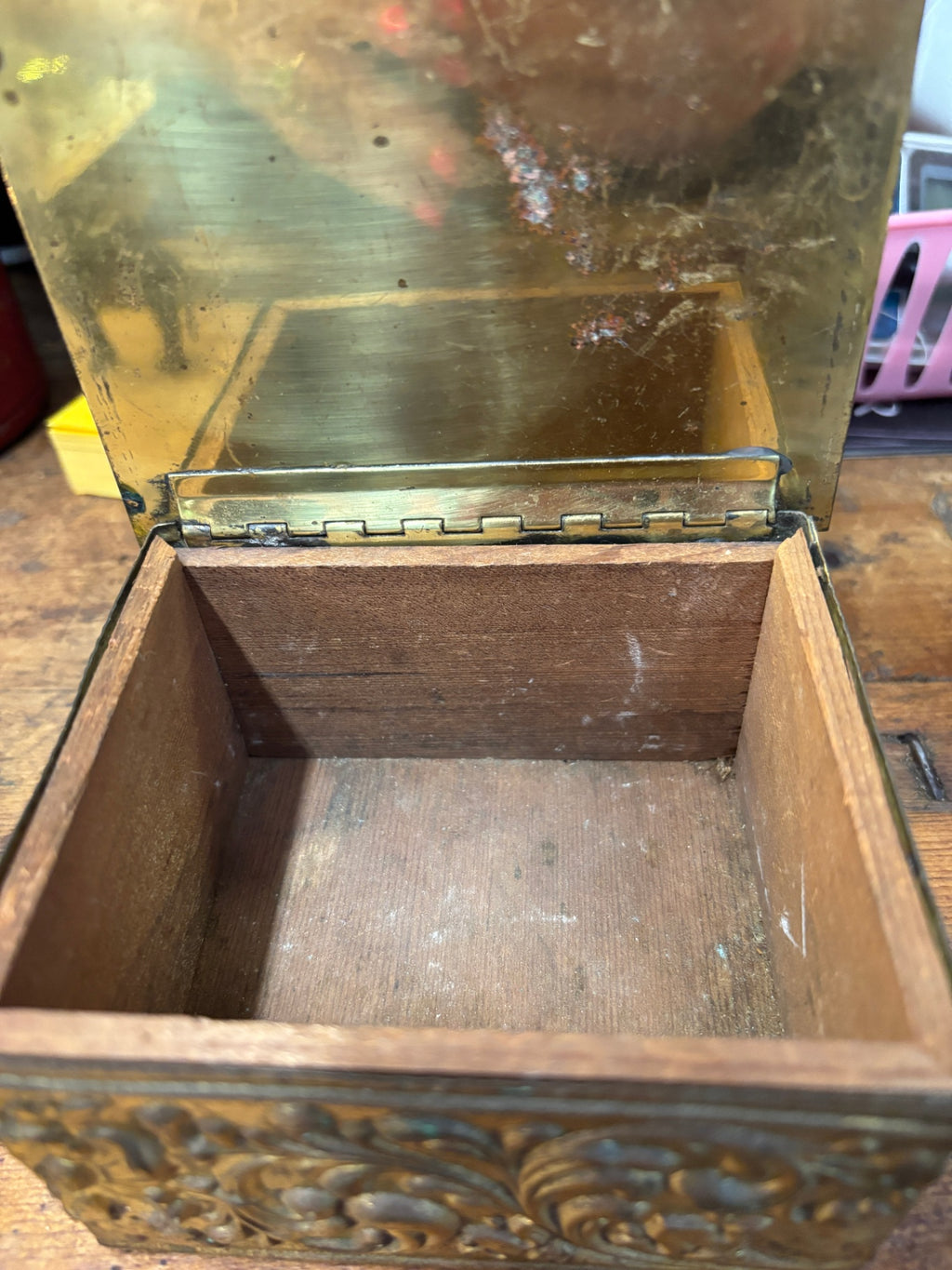 Vintage embossed metal trinket box with wood interior