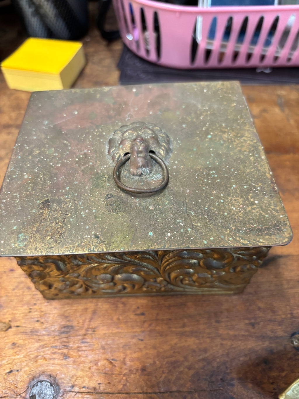 Vintage embossed metal trinket box with wood interior