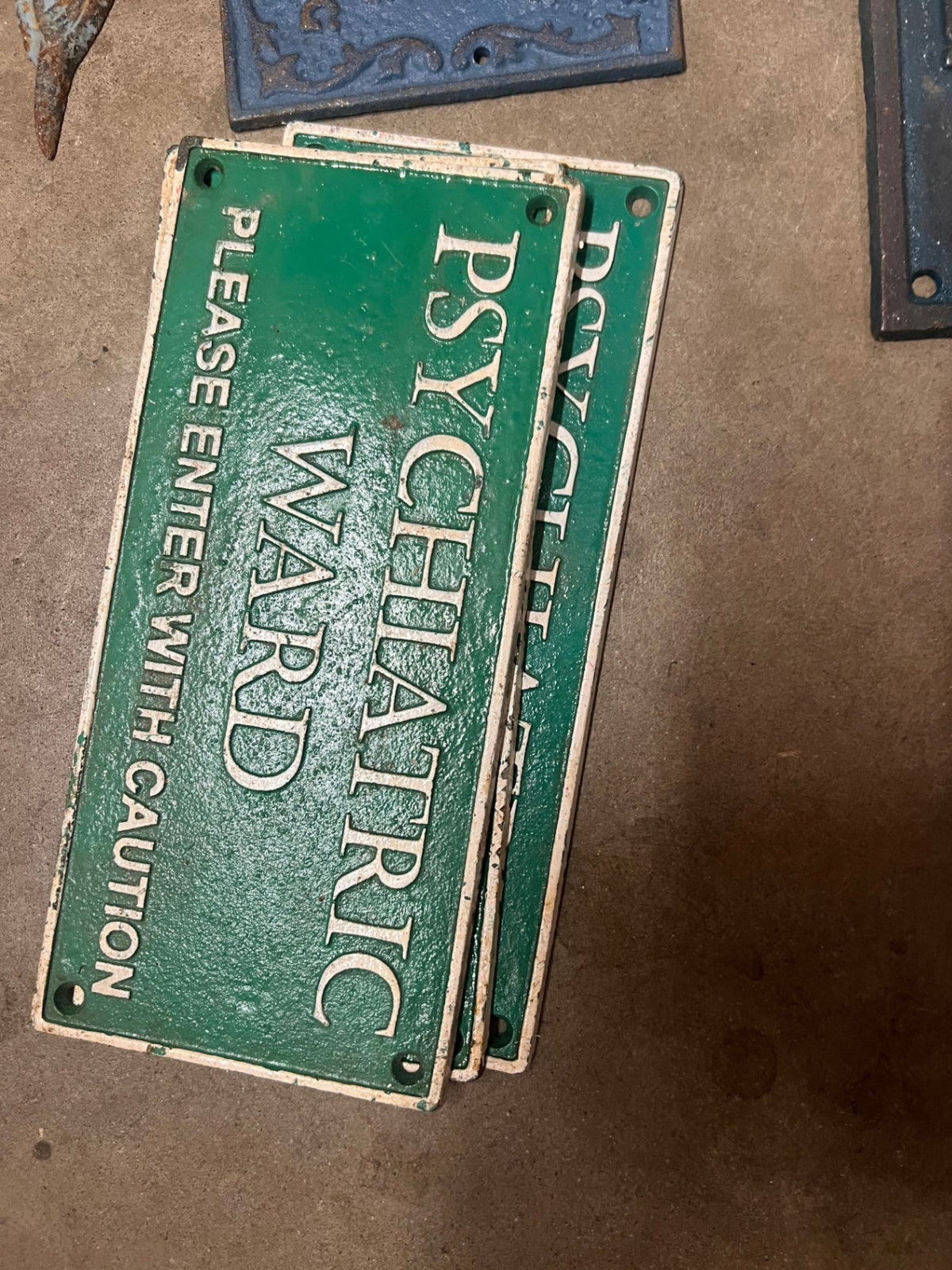 Psychiatric Ward Cast Iron Retro Hand Painted Sign Mancave Hospital 10.75x5 Inc