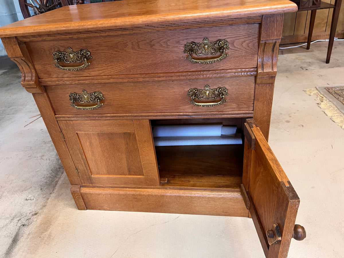 Antique Oak Two-Drawer Sideboard / Washstand with Double-Door Cabinet – Early 1900s