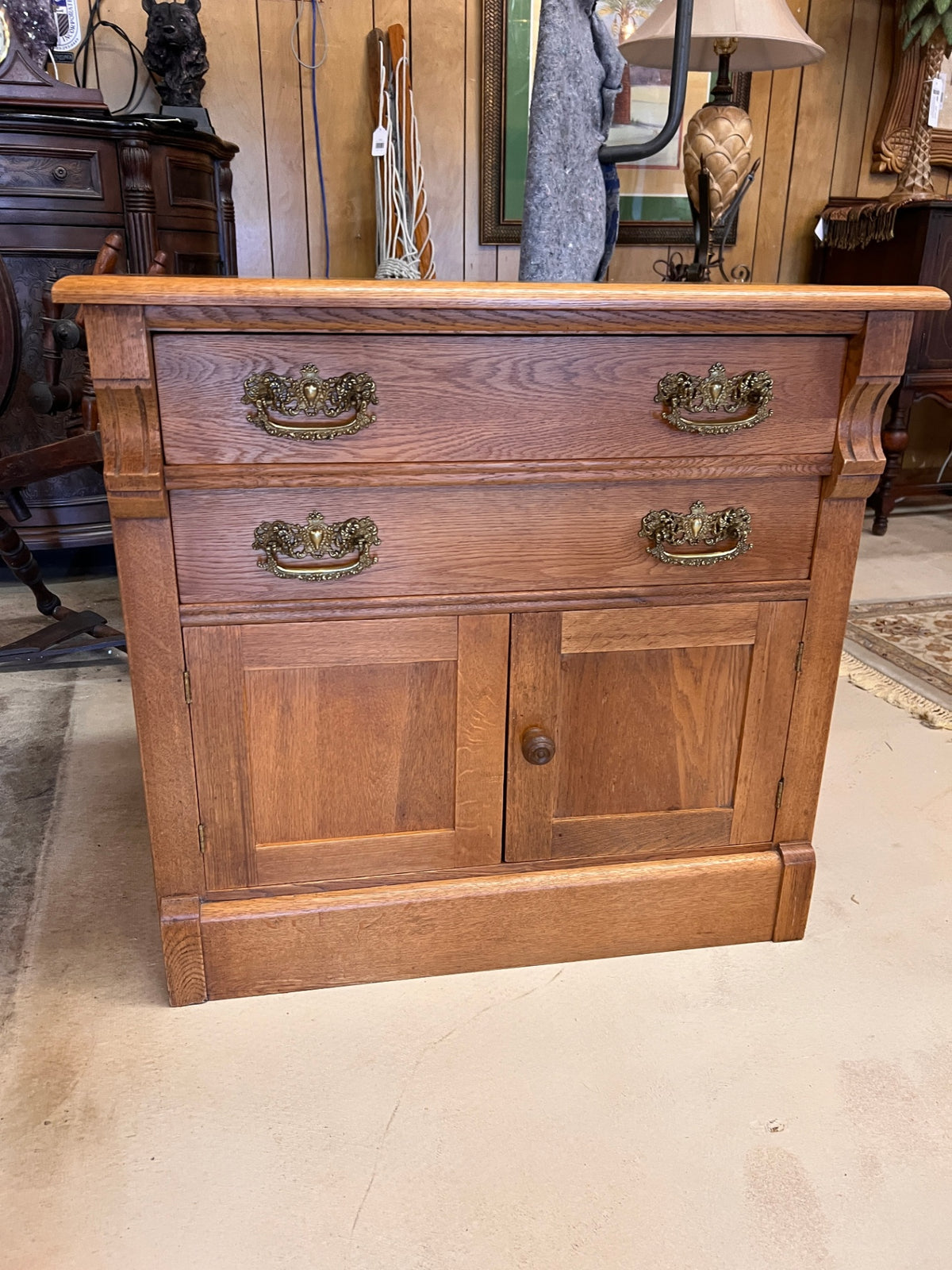 Antique Oak Two-Drawer Sideboard / Washstand with Double-Door Cabinet – Early 1900s