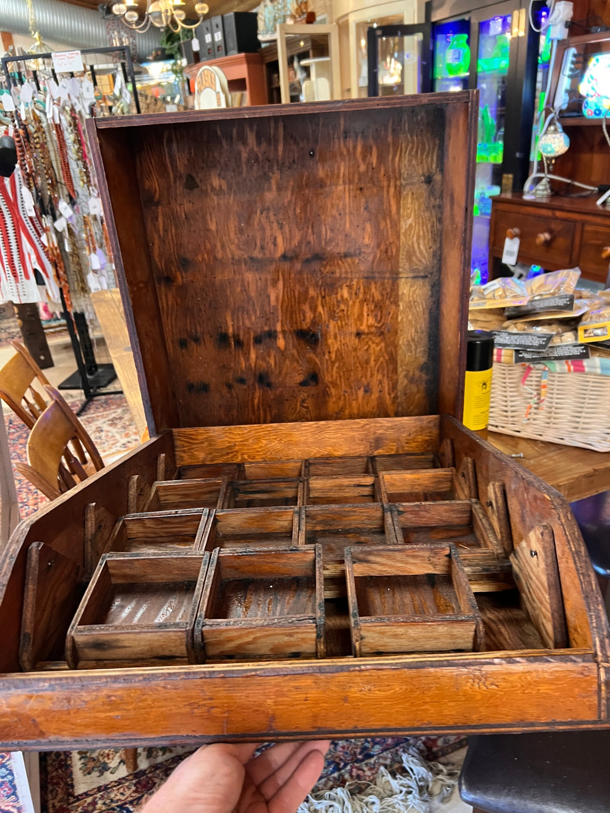 Antique Wooden Compartmented Hardware / Parts Organizer Case with Hinged Lid – Early 1900s