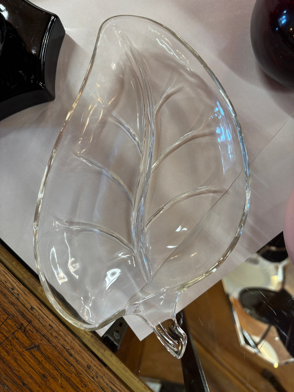 Vintage clear pressed-glass leaf-shaped divided relish or candy dish
