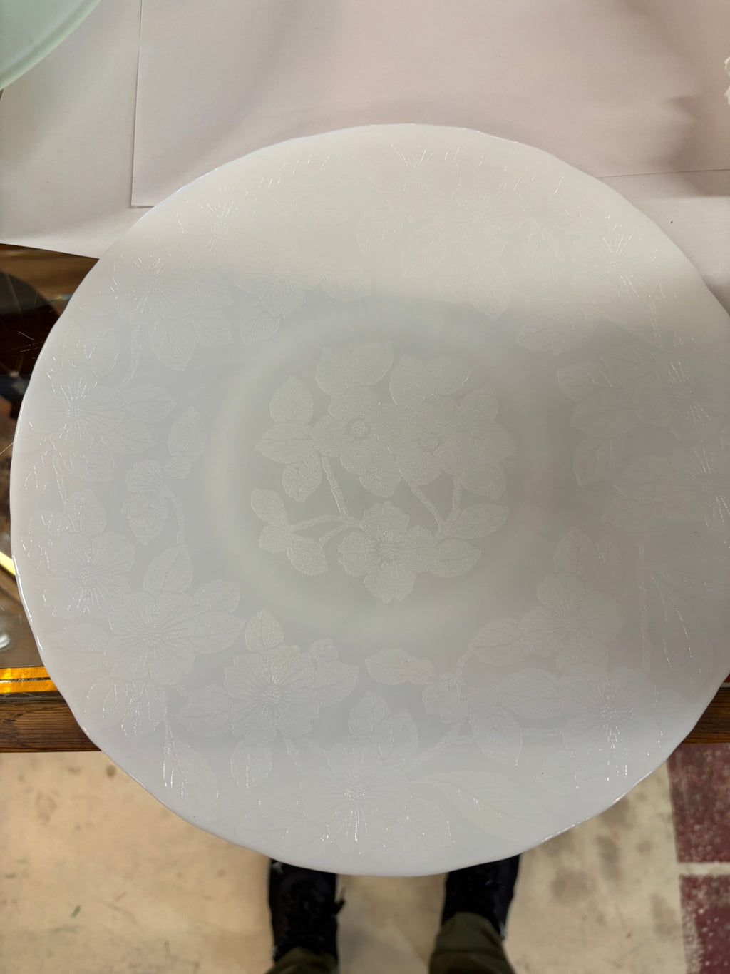 MacBeth-Evans white opalescent depression glass salver plate in the Dogwood Monax pattern