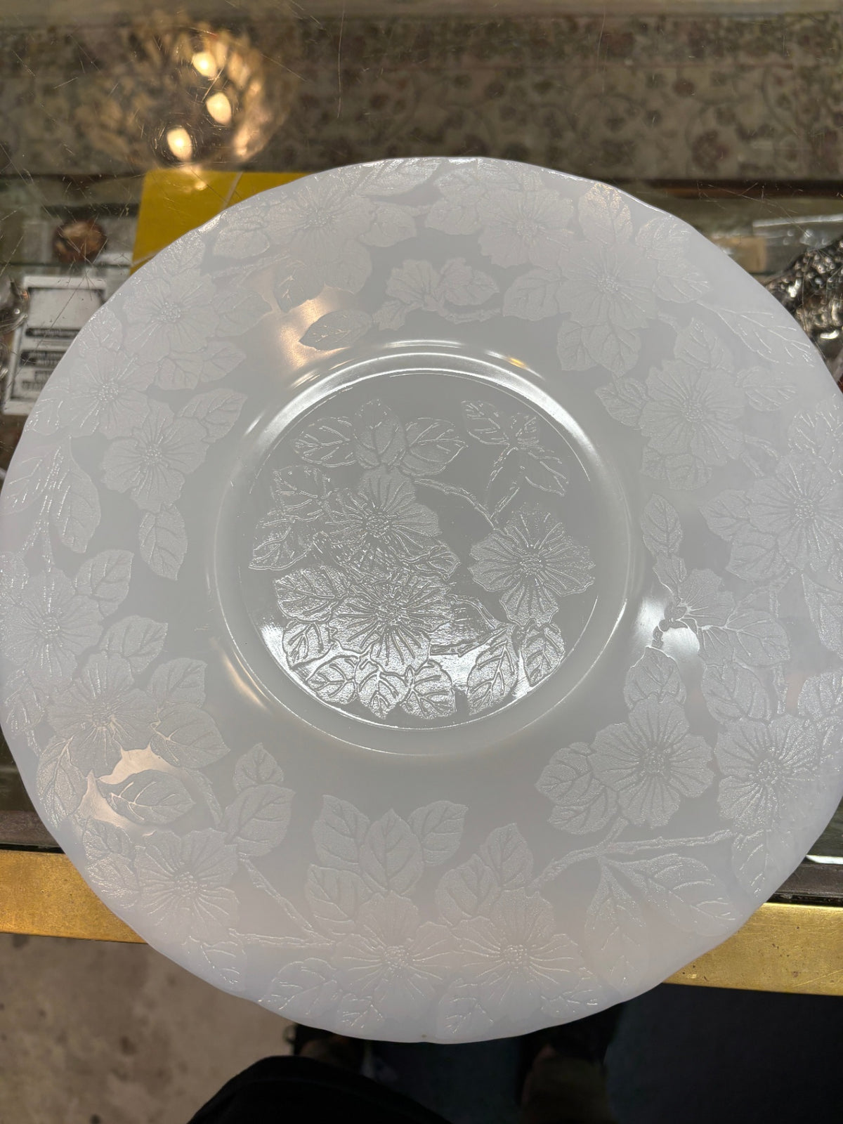 MacBeth-Evans white opalescent depression glass salver plate in the Dogwood Monax pattern